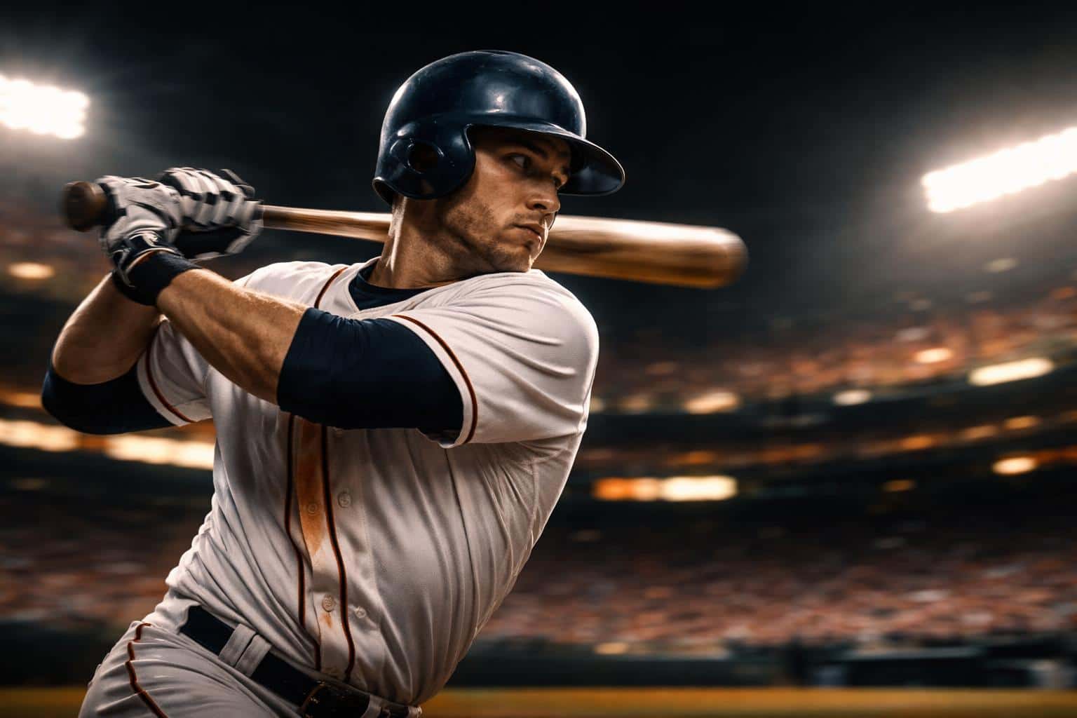 Wide 3:2 sports photo from a low dugout-side angle of a late-20s baseball batter committing to a full swing, sharply tracked bat and shoulders against streaking stadium lights, crowd, and field lines.
