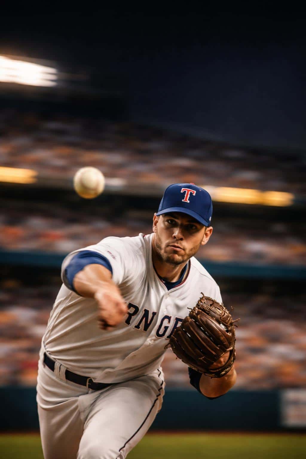 2:3 vertical sports portrait of a late-20s baseball pitcher at the instant of release, shot from a slightly elevated front three-quarter angle with a sharp subject, streaked crowd background, warm amber highlights and cool charcoal shadows.