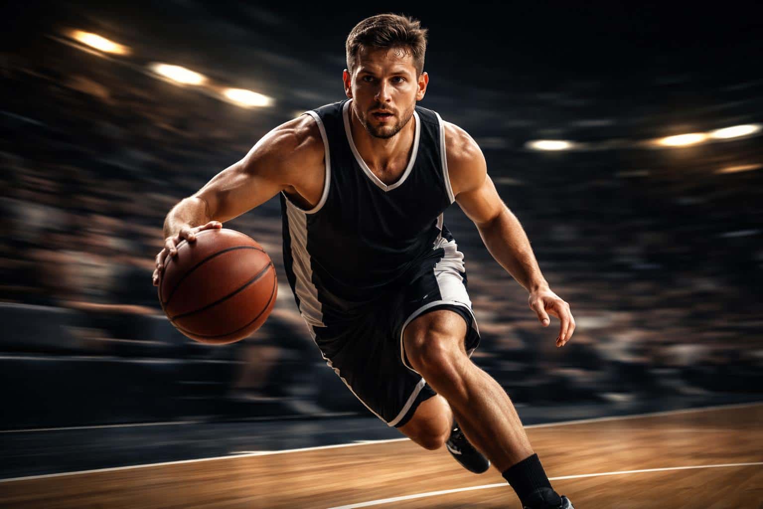 Wide 3:2 indoor sports photograph of a thirty-something basketball player driving forward from a low three-quarter sideline angle with the ball in the foreground, sharp face and ball amid lateral panning blur and deep charcoal tones with warm amber highlights and cool slate shadows.