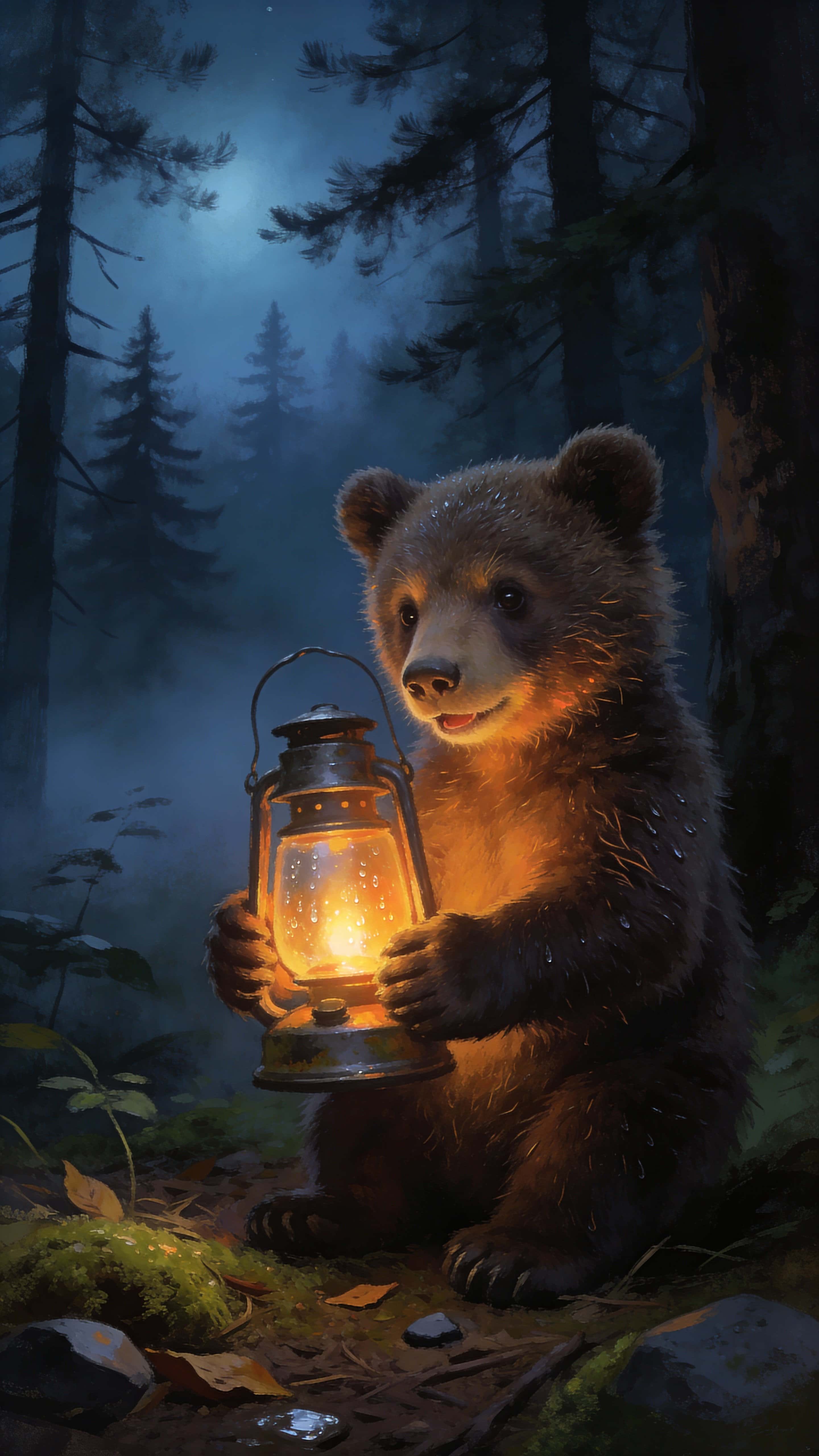 Photorealistic nighttime portrait of a bear cub holding a glowing lantern, warm light on detailed fur with cool foggy forest silhouettes behind, 9:16 portrait.