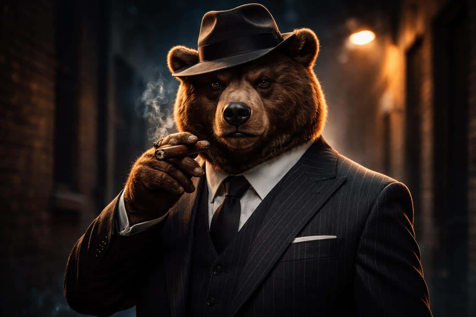 A photoreal 3D-render portrait of an anthropomorphic bear in a neo-noir alley, with cinematic rim light and gritty texture for a poster-cover composition in 3:2 ratio.