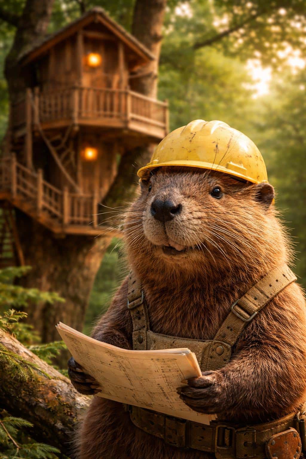 Close vertical 3D-render of a beaver wearing a yellow hard hat and harness, holding wooden plans in front of a detailed treehouse, composed for a 2:3 portrait poster-cover.