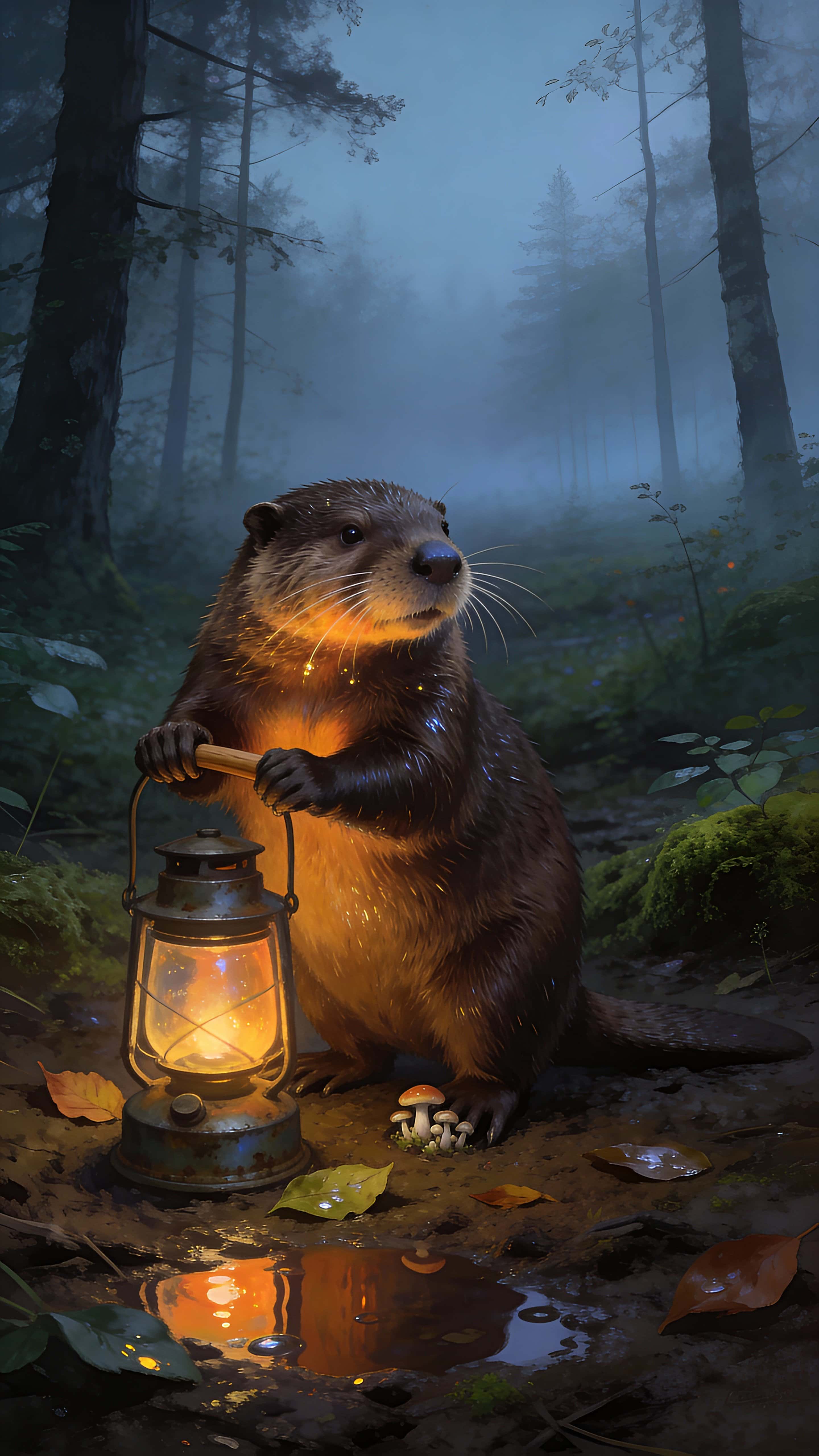 A photoreal beaver holds a glowing lantern on moist forest soil at dusk; warm light kisses its smooth fur, faint reflections on wet ground, trees fading into mist.
