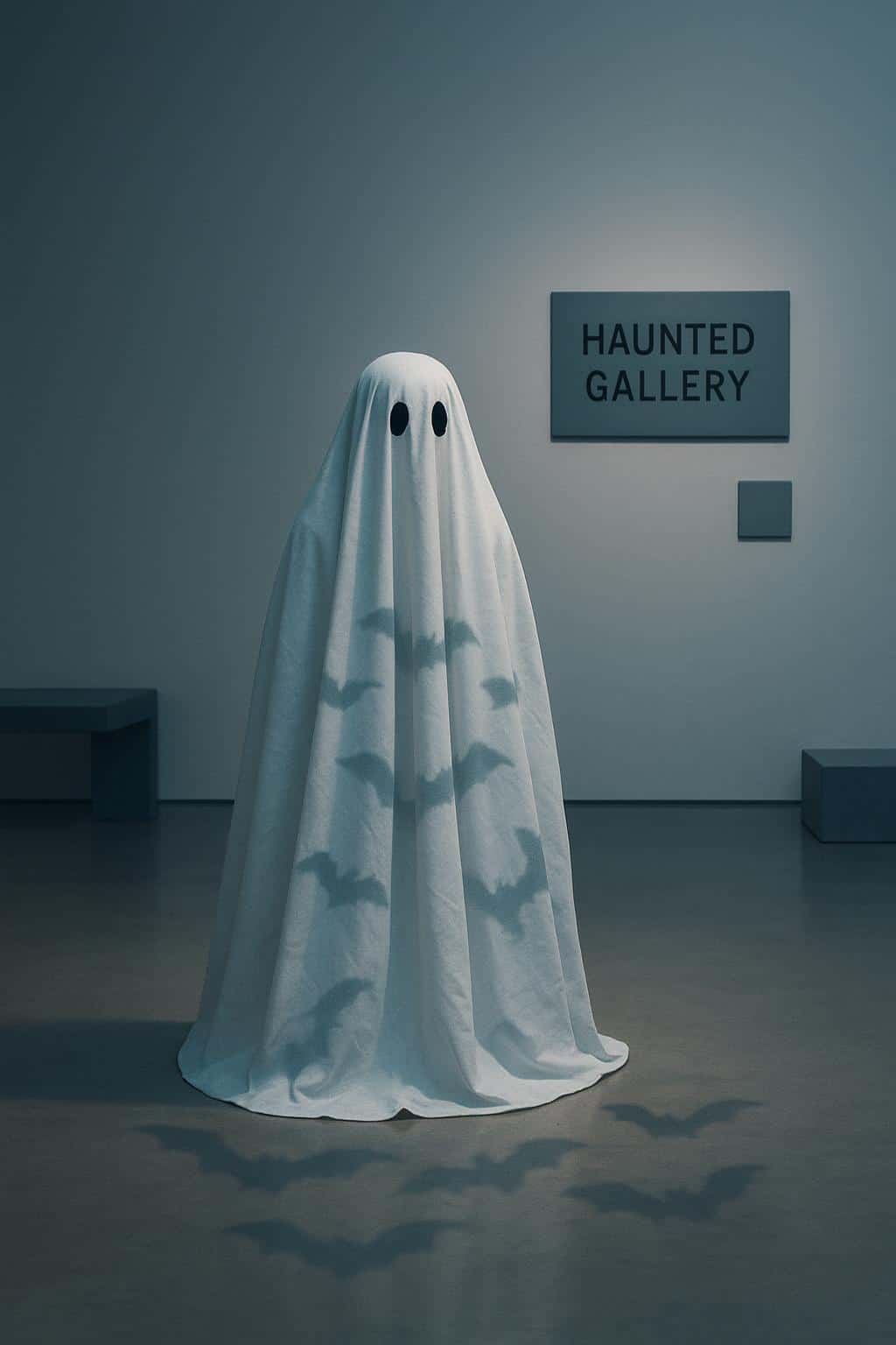 A minimalist art gallery scene shows a bedsheet ghost standing as a night guard beneath slow bat projections, soft flattering illumination, polished concrete reflections, and a placard reading "HAUNTED GALLERY."