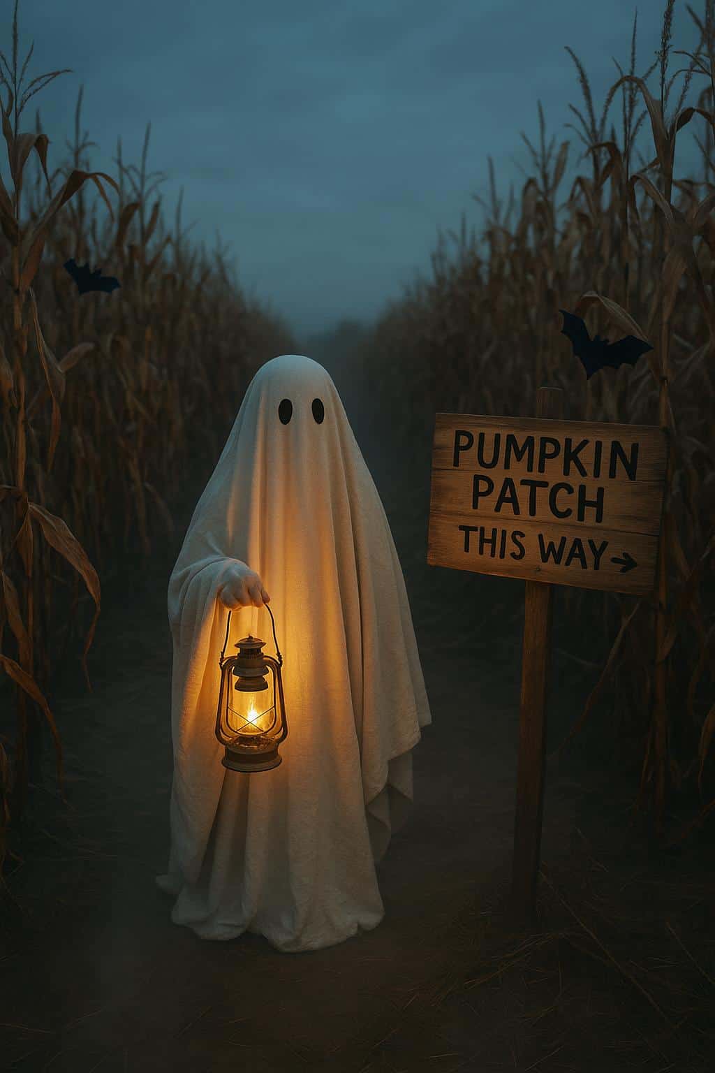 A whimsical bedsheet ghost stands at a fork in a corn maze holding a tiny lantern, paper bats clipped to stalks, a hand-painted sign reading "PUMPKIN PATCH ←  THIS WAY →," and a blank lower-left area reserved for ad copy, all bathed in warm