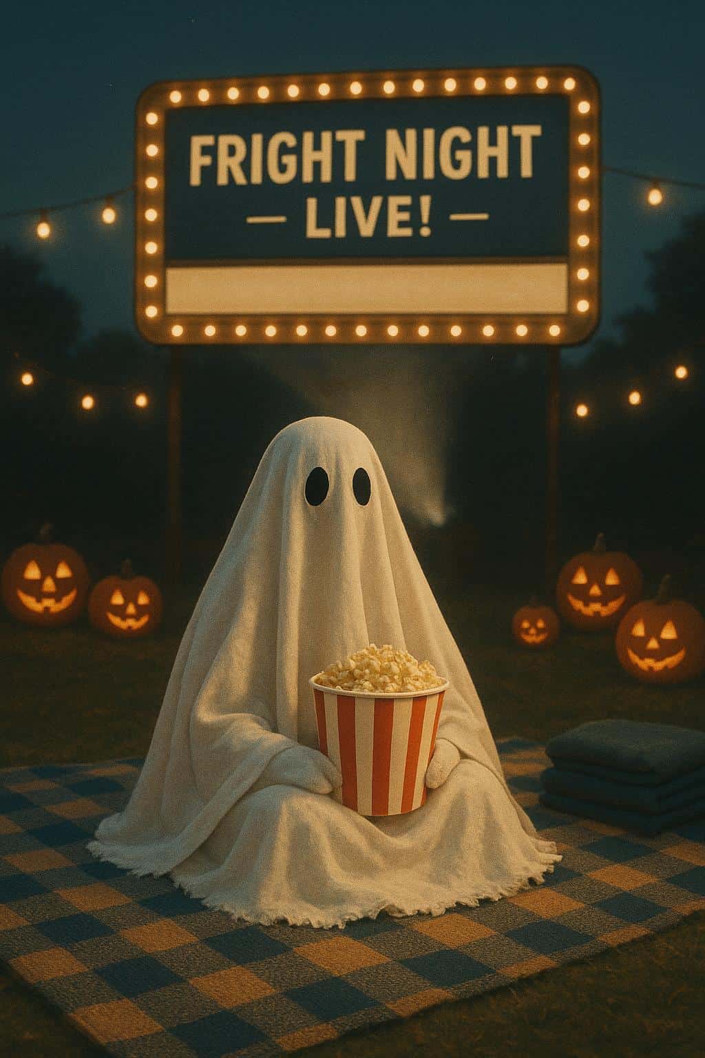A bedsheet ghost sits on a checked picnic blanket at an outdoor movie night, popcorn bucket in its lap, warm string lights and jack-o'-lanterns set a nostalgic Halloween mood under cool night air.