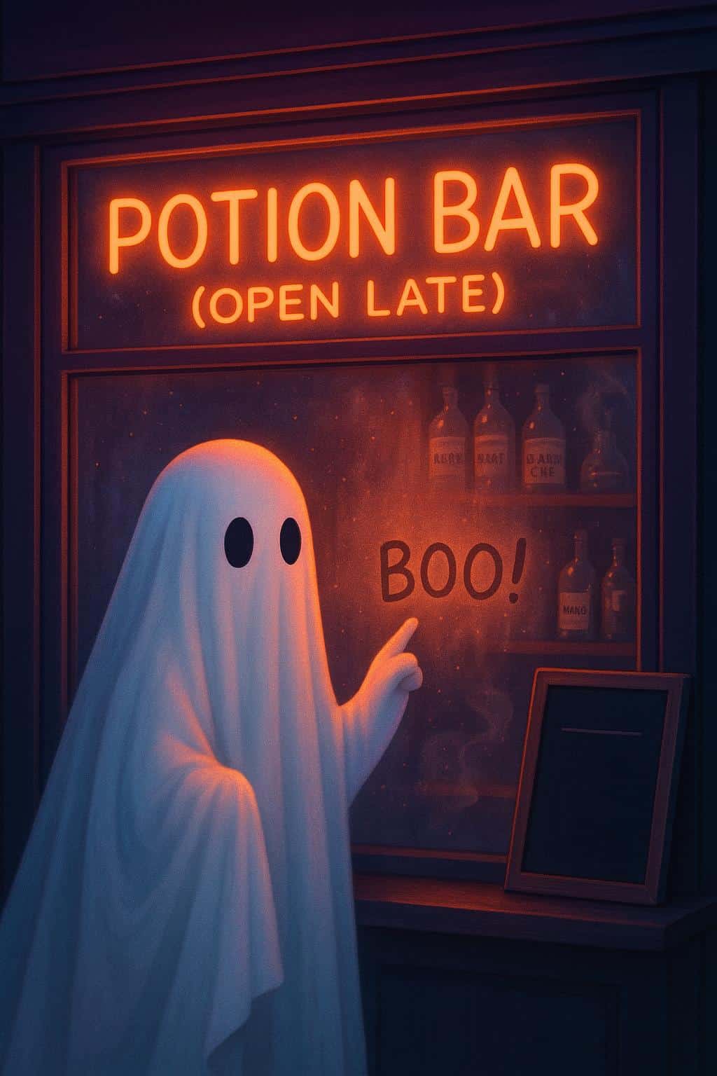 A playful bedsheet ghost stands outside a storefront window labeled “POTION BAR (OPEN LATE)” tracing “BOO!” on fogged glass while warm neon wraps the sheet and candy-colored vapor drifts around the scene.