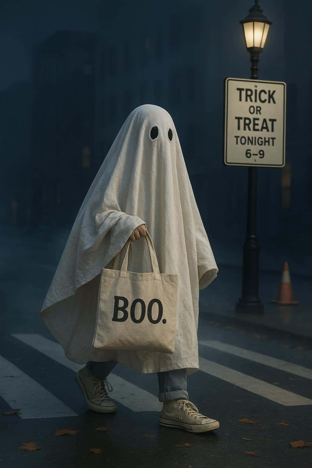A playful bedsheet ghost with embroidered eyelets and retro sneakers strolls a leaf-strewn city crosswalk at night holding a canvas tote that reads "BOO.".
