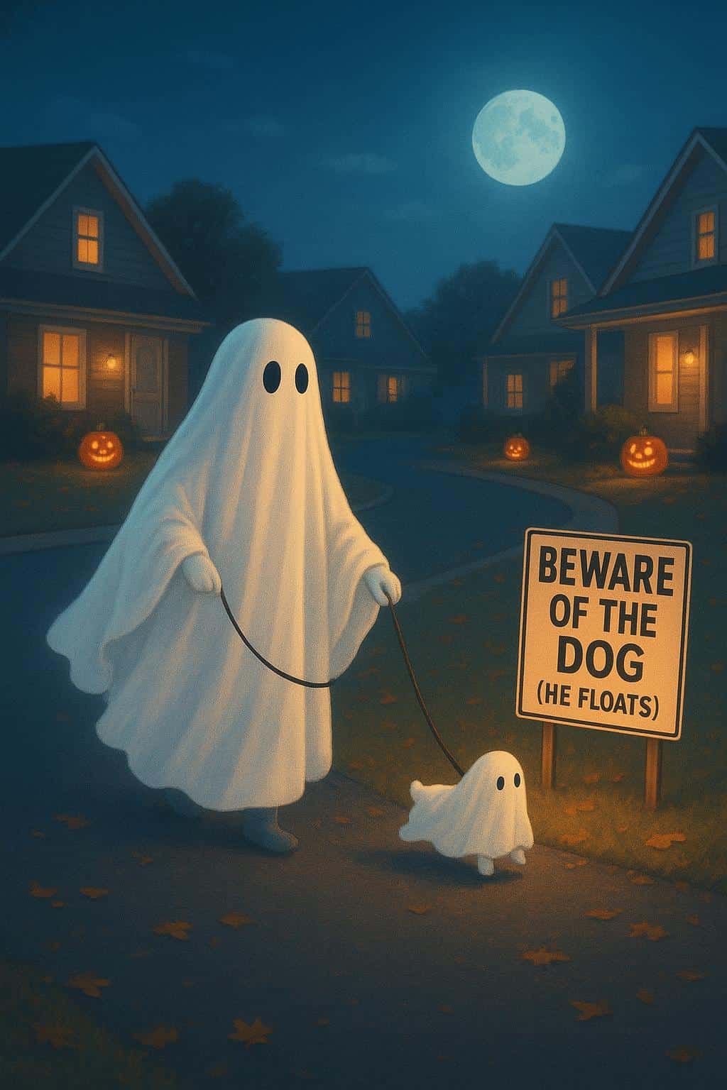 A friendly bedsheet ghost walks a tiny ghost dog on a floating leash through a cul-de-sac rimmed by carved pumpkins, warm porch bulbs and cool moonlit outlines creating a playful Halloween scene.