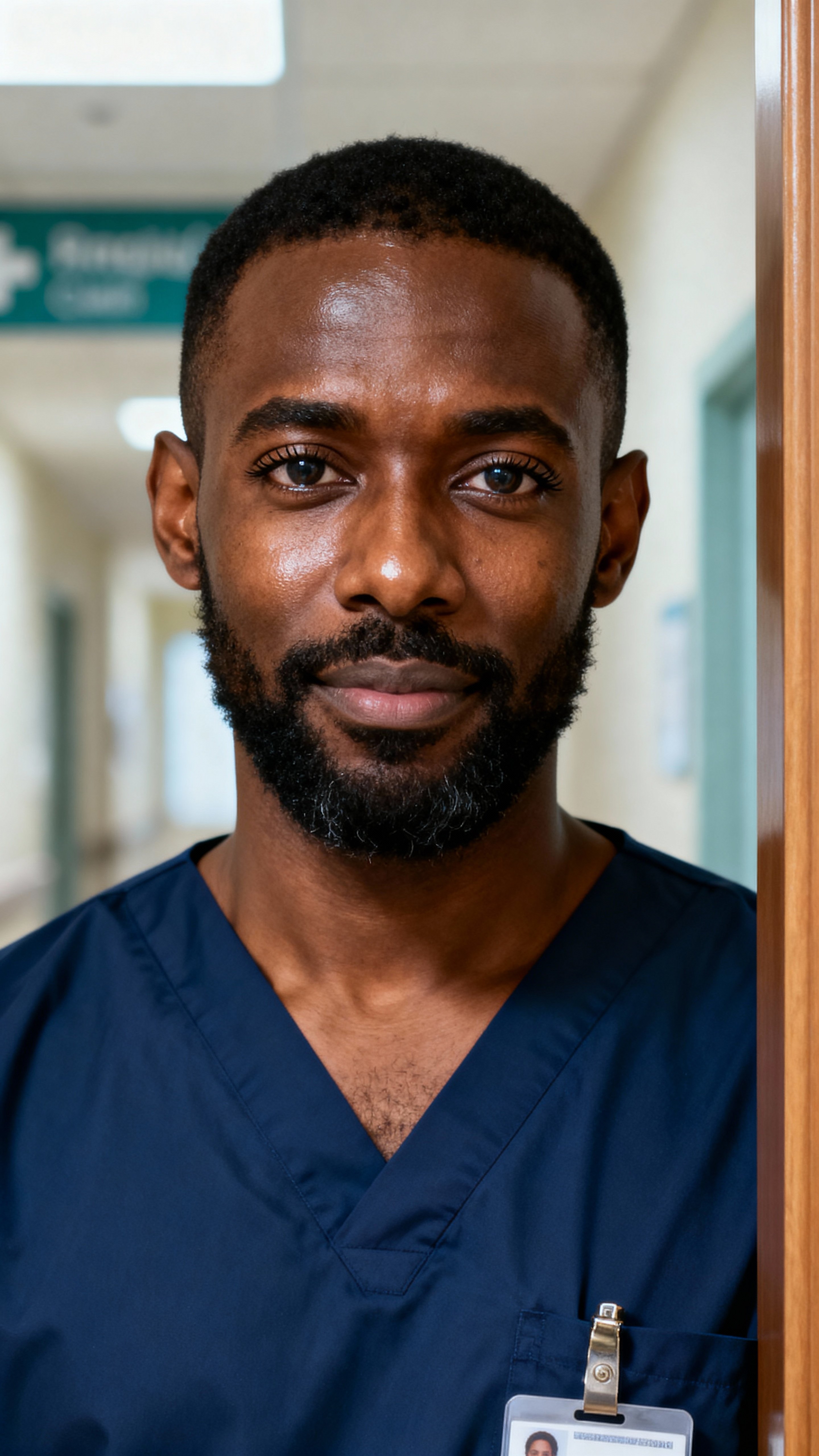 Close headshot of Bekele, an Ethiopian-American registered nurse in navy scrubs with deep-brown skin and warm-gold highlights against a soft-gray hospital corridor, conveying calm confidence.