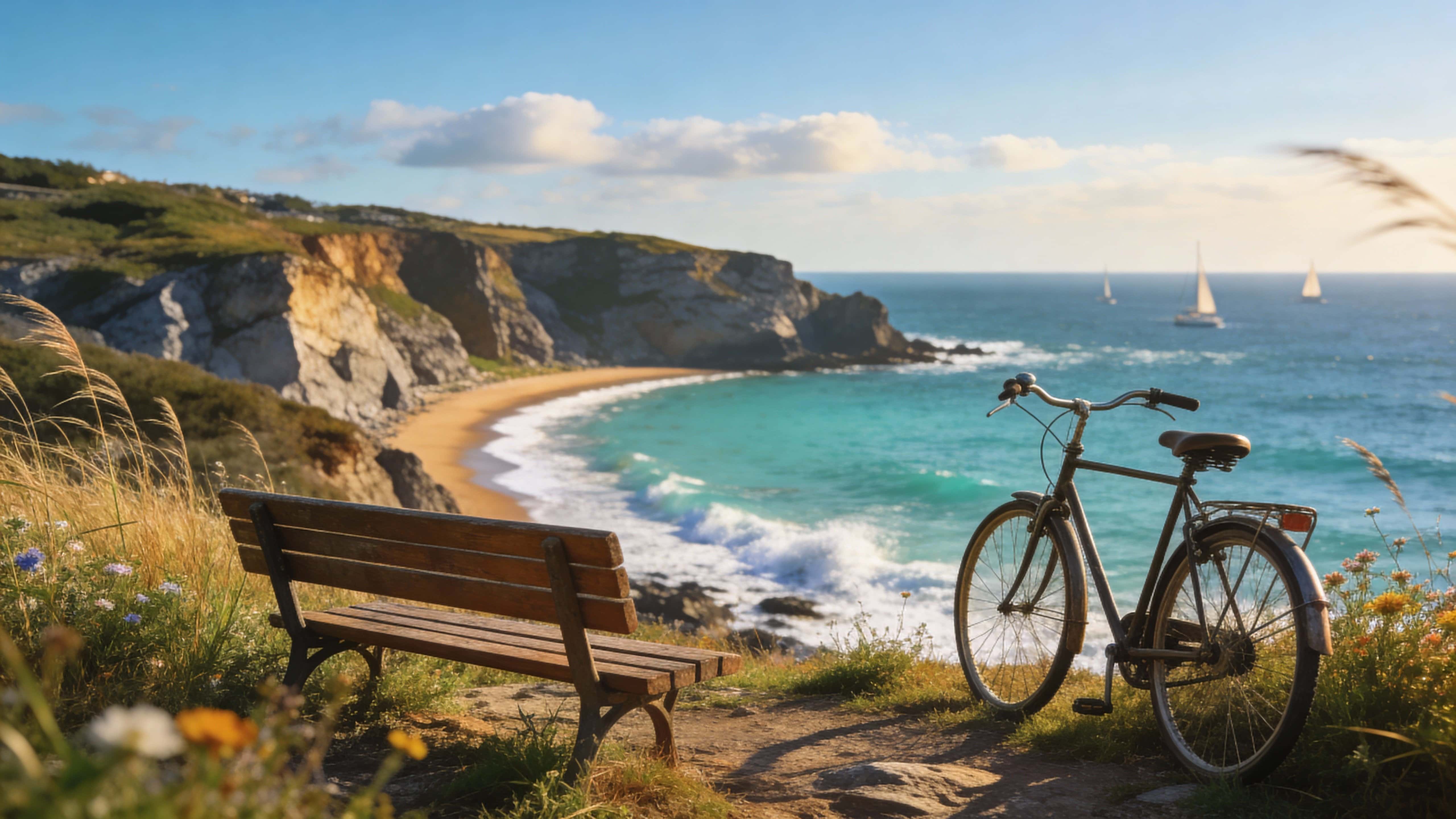Photorealistic coastal viewpoint with a bench and bicycle overlooking a curved bay under a clear summer sky, lush realistic vegetation, natural lighting and cinematic depth of field, framed 16:9.
