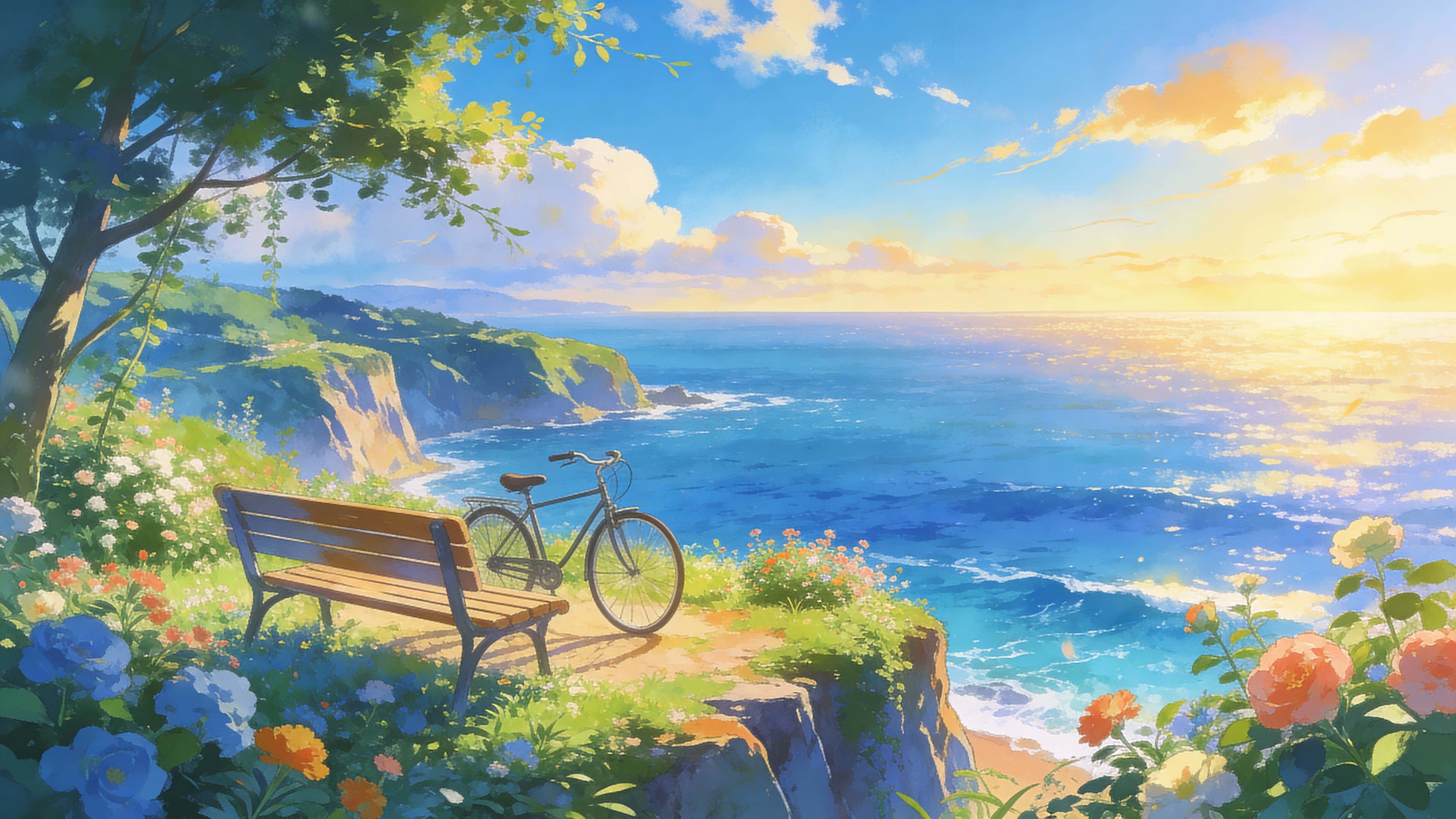 Anime-inspired painterly coastal landscape with soft brush textures and vivid blues and greens, showing a bench and bicycle in a cliff garden overlooking a sweeping ocean in a dreamy summer mood, framed for a 16:9 horizontal crop.