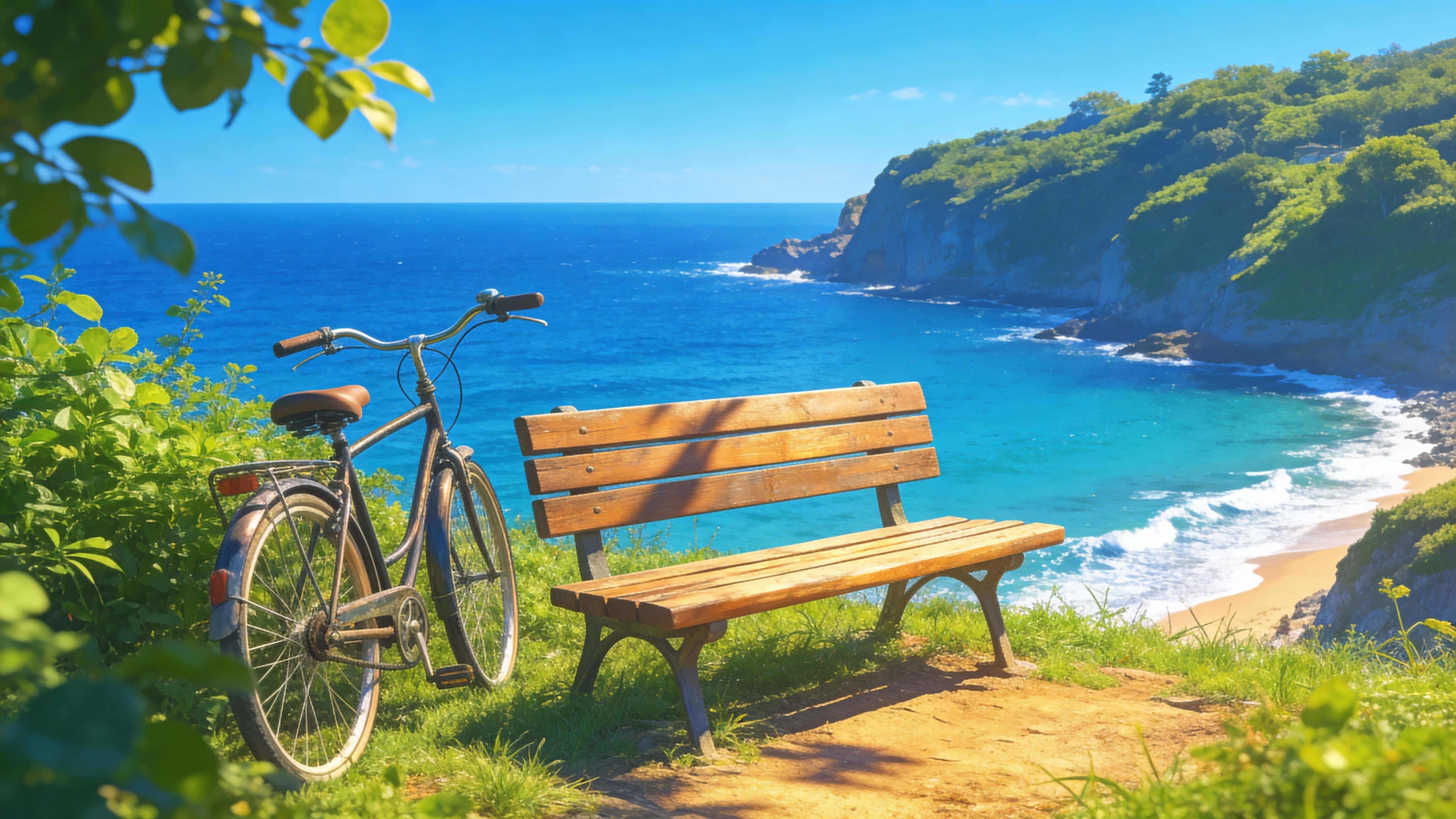 Vibrant coastal landscape in 16:9 showing a deep blue sea and lush green foreground with a bench and bicycle on a sunlit ridge overlooking the bay under a clean bright sky.