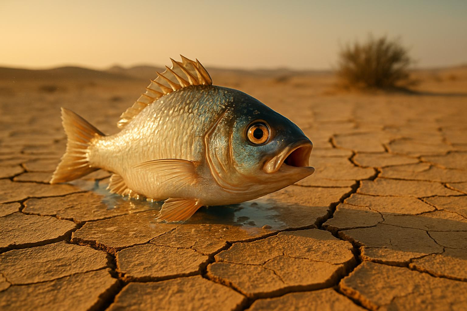 A single fish gasps and flaps on cracked desert ground, scales gleaming with leftover wetness as it struggles against a vast, dry horizon. The image contrasts slick aquatic texture with arid land, capturing sudden displacement and the idiom's awkward vulnerability.