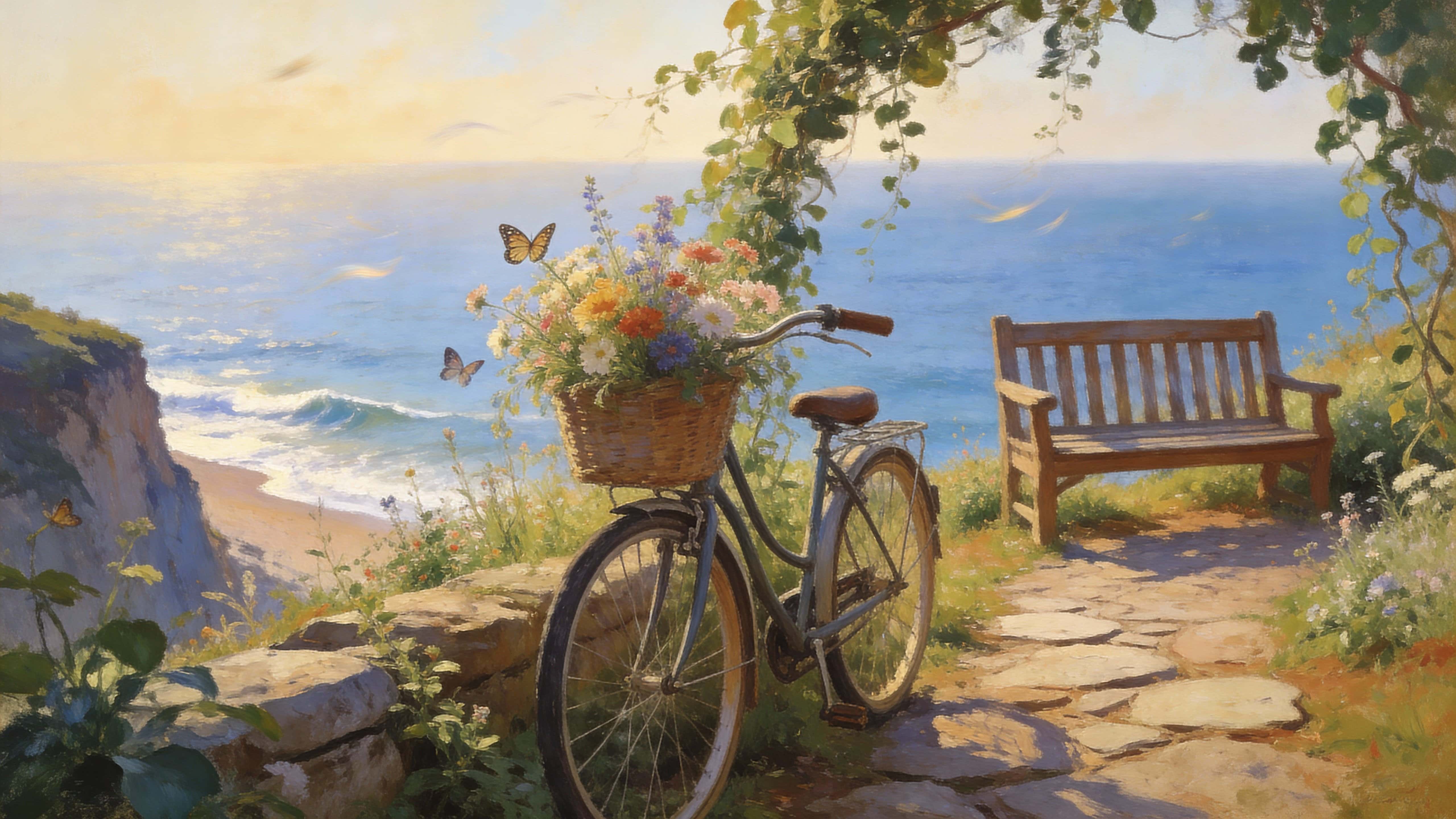 A slow-life summer scene on a countryside coastal cliff garden, with a vintage bicycle holding a flower-filled basket beside a wooden bench facing the calm ocean.