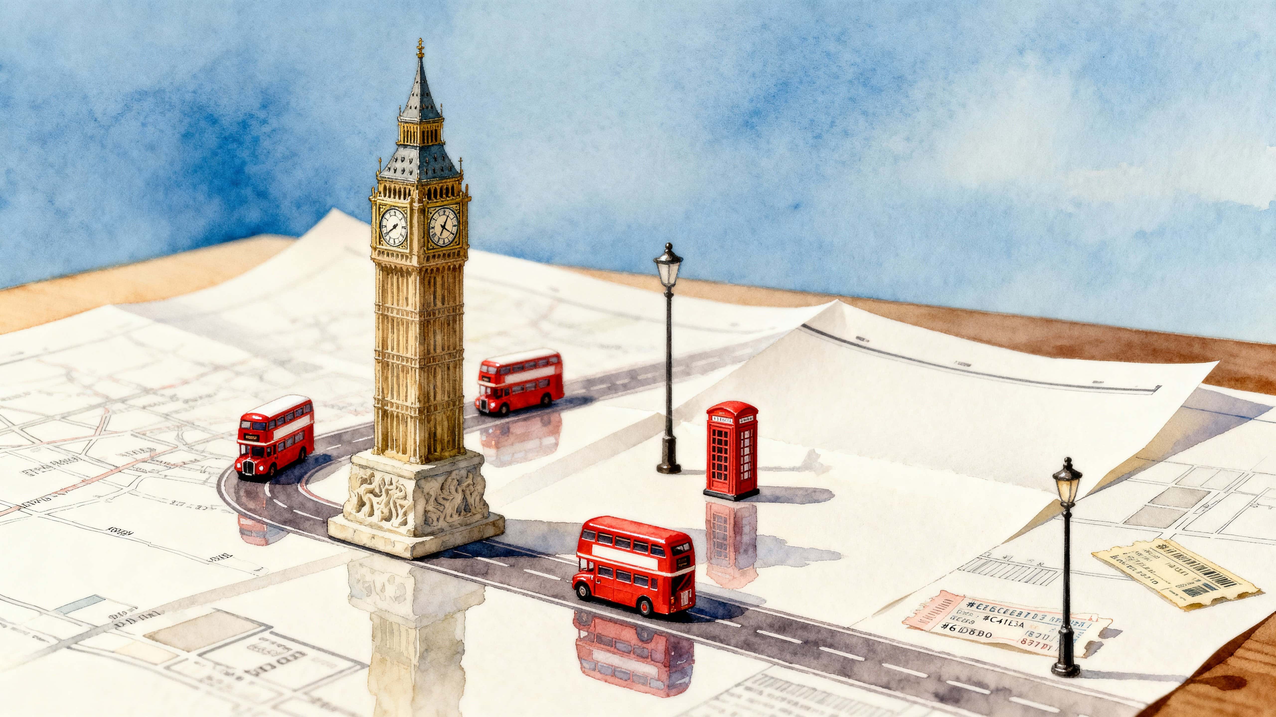 Big Ben rises like a model clocktower over a printed map while tiny red double-decker buses thread paper streets and little telephone booths punctuate the scene for a playful urban tableau.