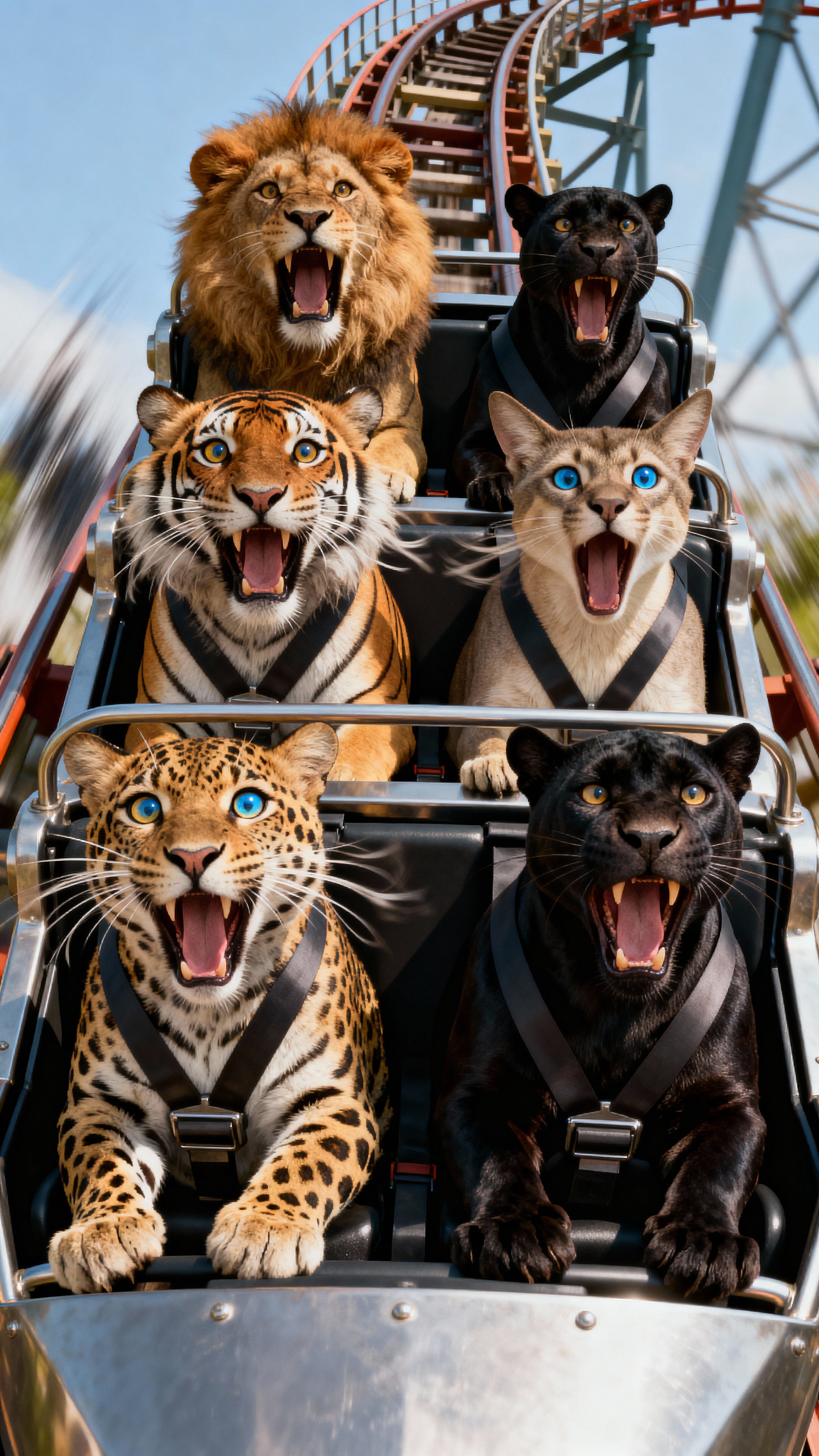 Hyper-realistic vertical image of a Lion, Tiger, Leopard, Cougar, and Black Panther riding a roller coaster together. All animals have exaggerated shocked expressions with wide open eyes and mouths as if screaming. Strong sense of motion in