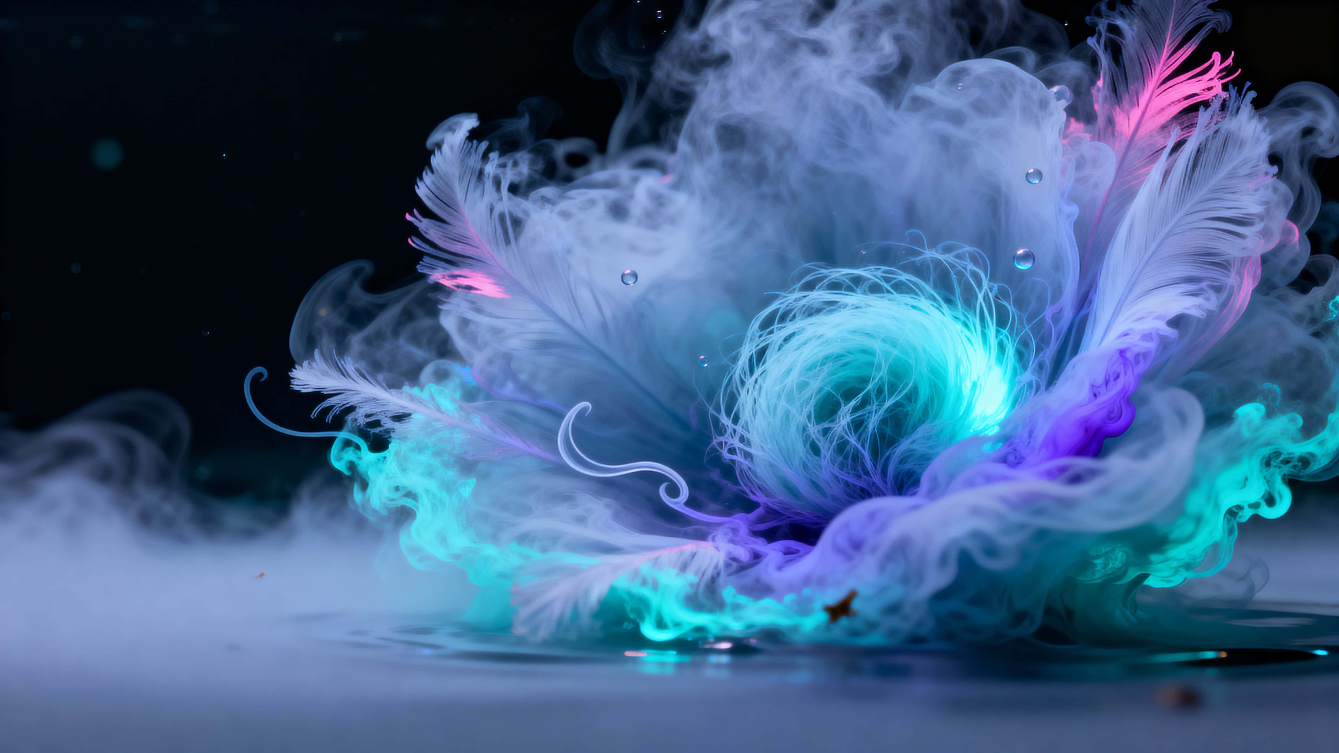 A silky, semi-translucent bioluminescent ink plume billows in still water like a celestial flower, with threadlike inner filaments, turquoise-cyan core glow and faint magenta fringes, framed as a meditative macro study.