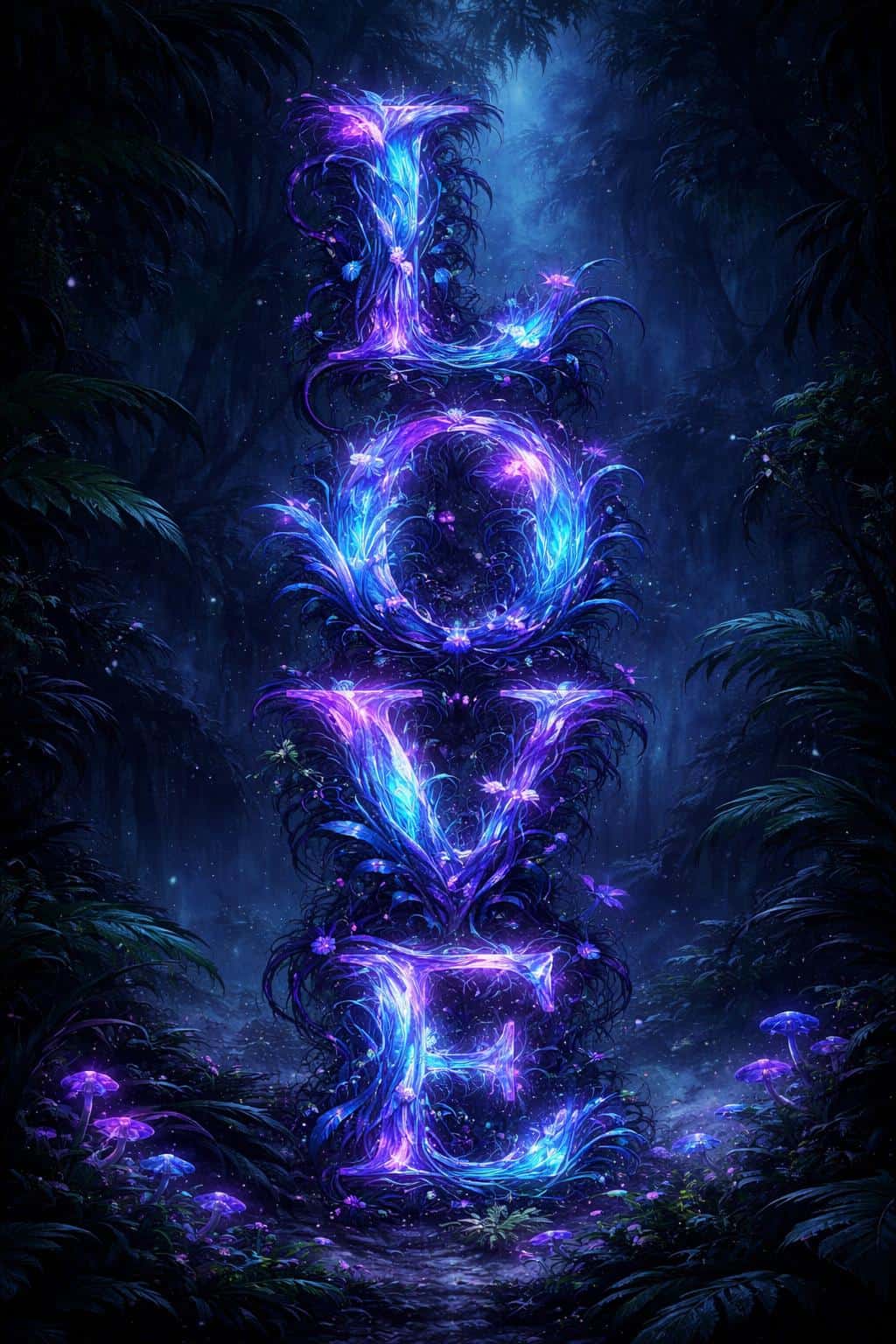 Surreal vertical 2:3 artwork of the word LOVE formed from bioluminescent blue-purple flora rising from a misty prehistoric jungle under cool, ethereal lighting.