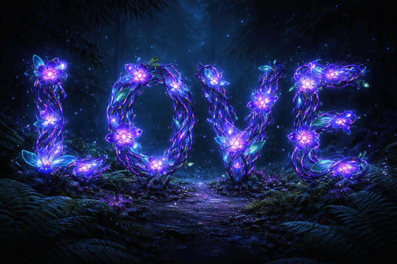 Surreal 3:2 landscape of the word LOVE formed by glowing blue-purple orchid-like flora and neon-veined leaves on a misty prehistoric forest floor.