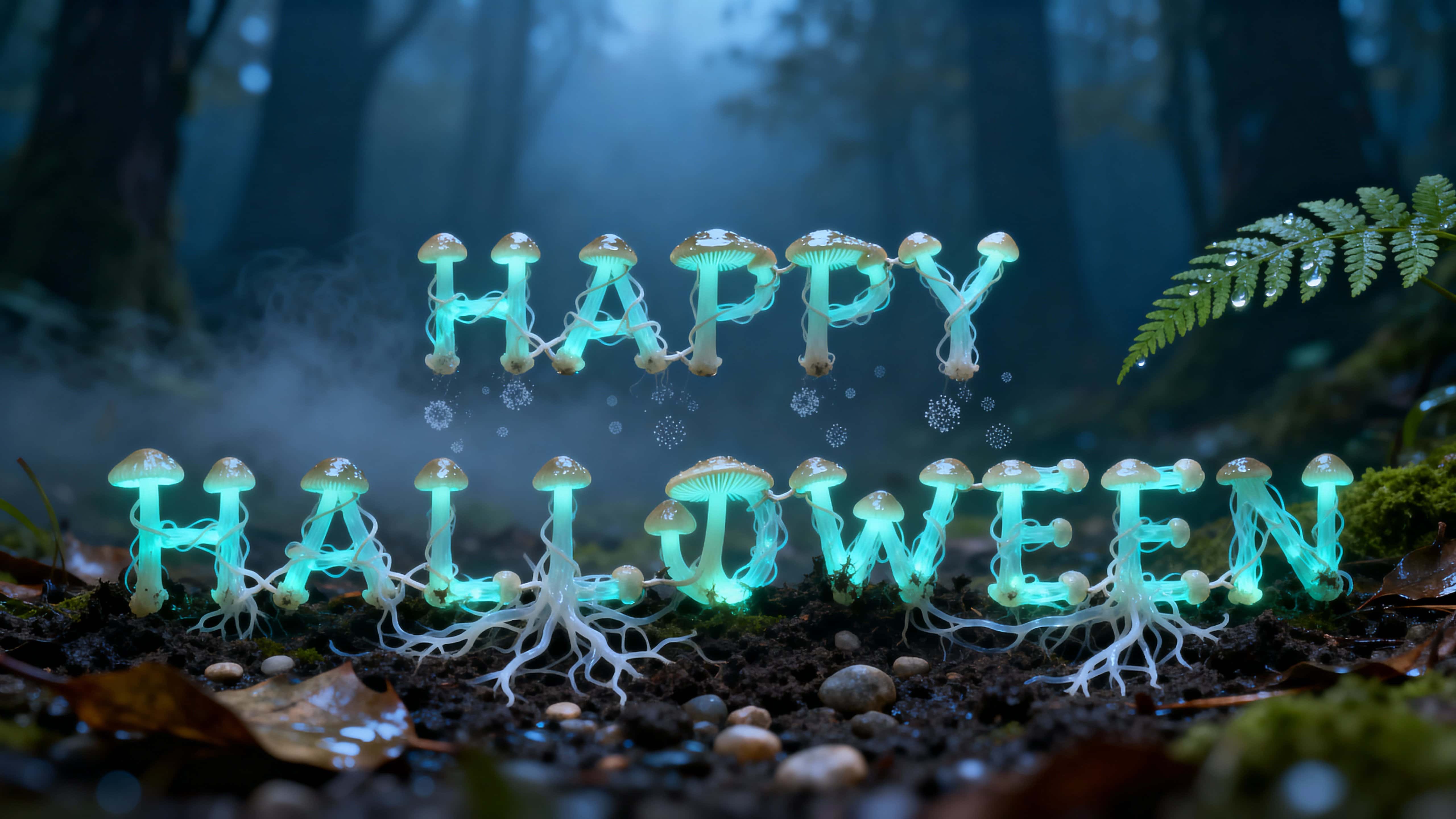 Full-frame 16:9 macro scene of the phrase "HAPPY HALLOWEEN" formed by tiny bioluminescent mushroom caps and entwined mycelium on a dewy forest floor with cool, whimsical mood.