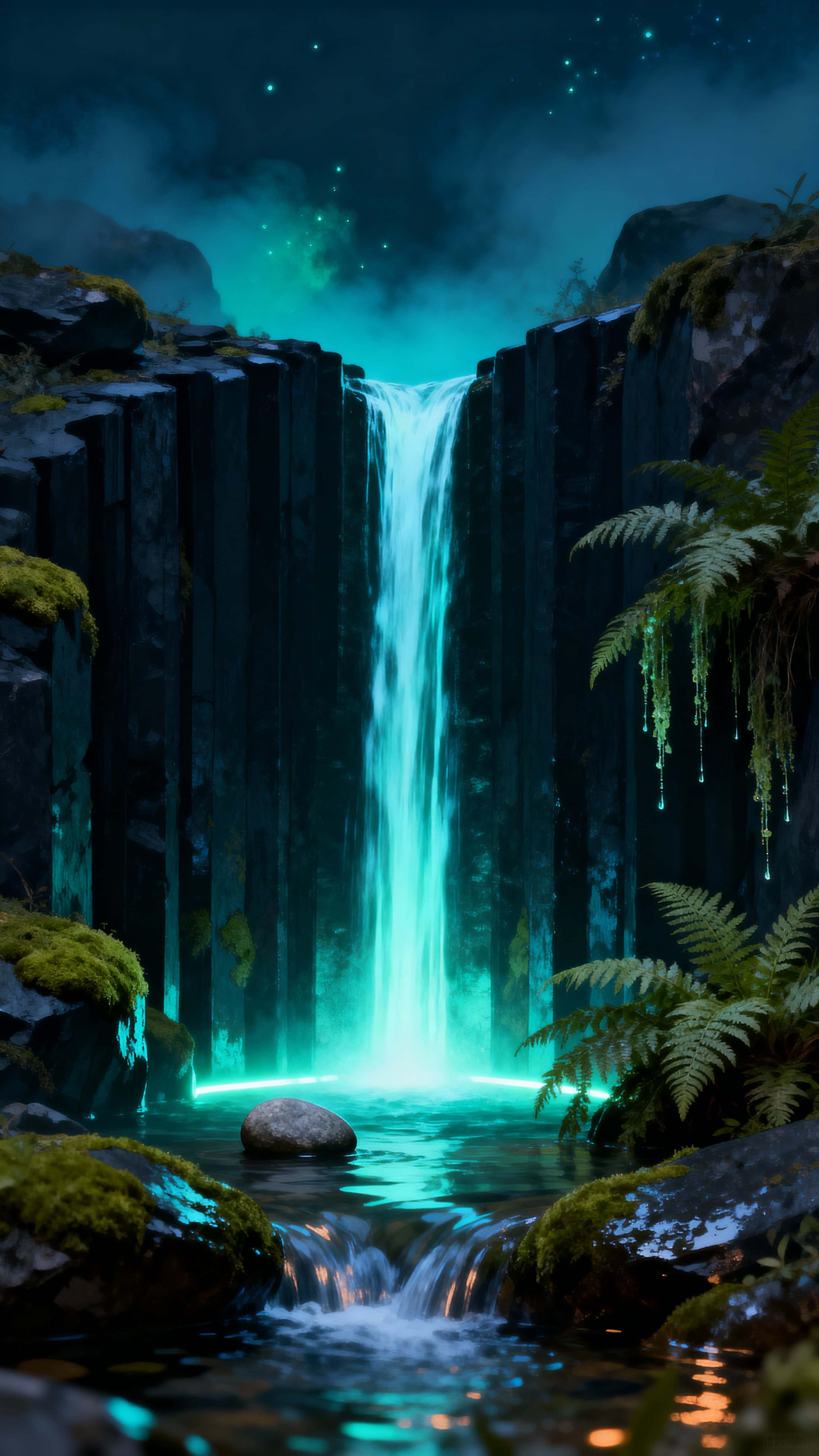 A vertical study of a bioluminescent waterfall cascading through dark rock, where glowing currents illuminate mist and clinging moss to create an otherworldly, intimate night scene.