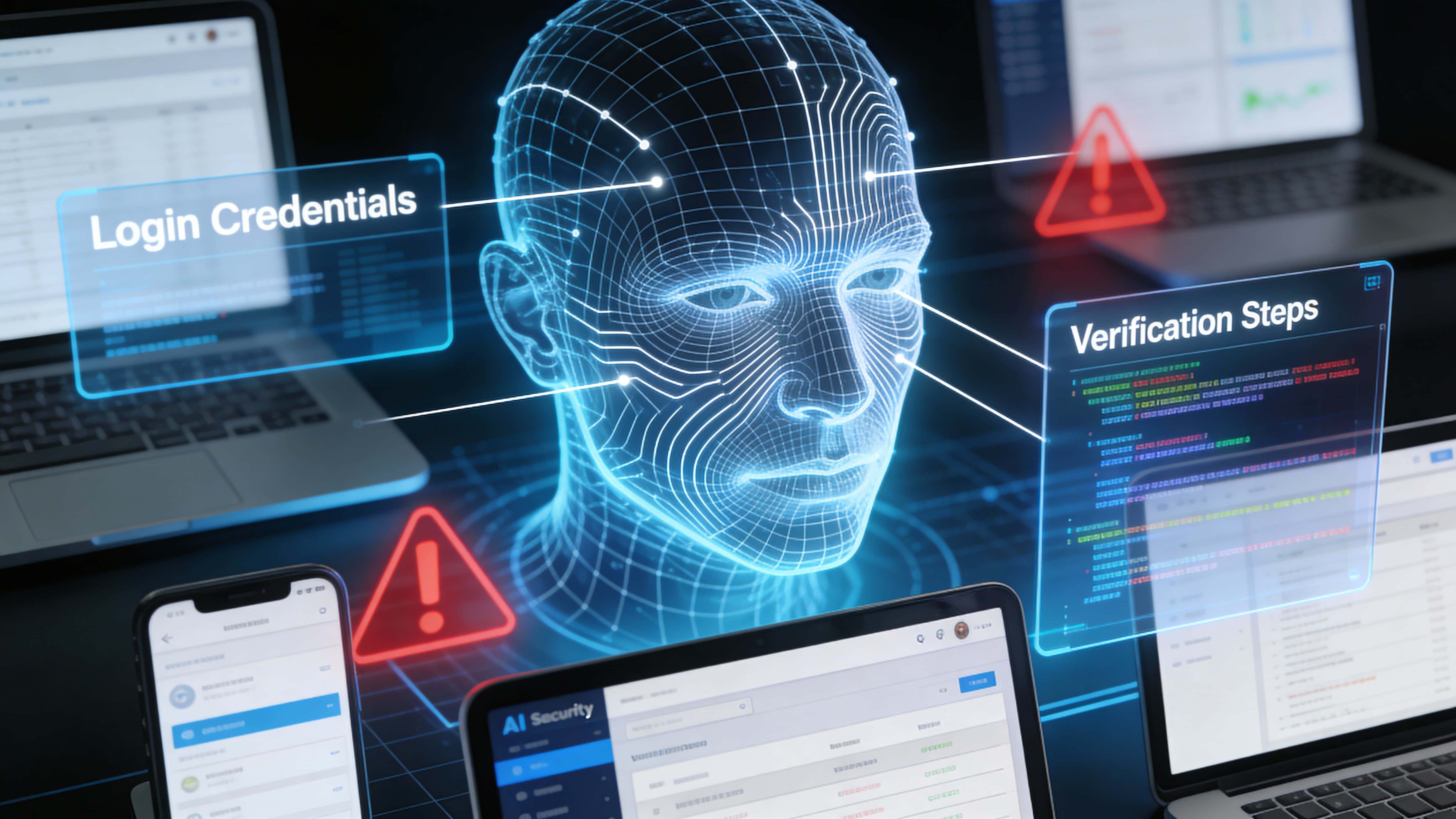 A sleek, realistic hero image of a biometric wireframe face projected above multiple digital devices, with transparent login layers, scrolling data, white scan lines, and red caution graphics.
