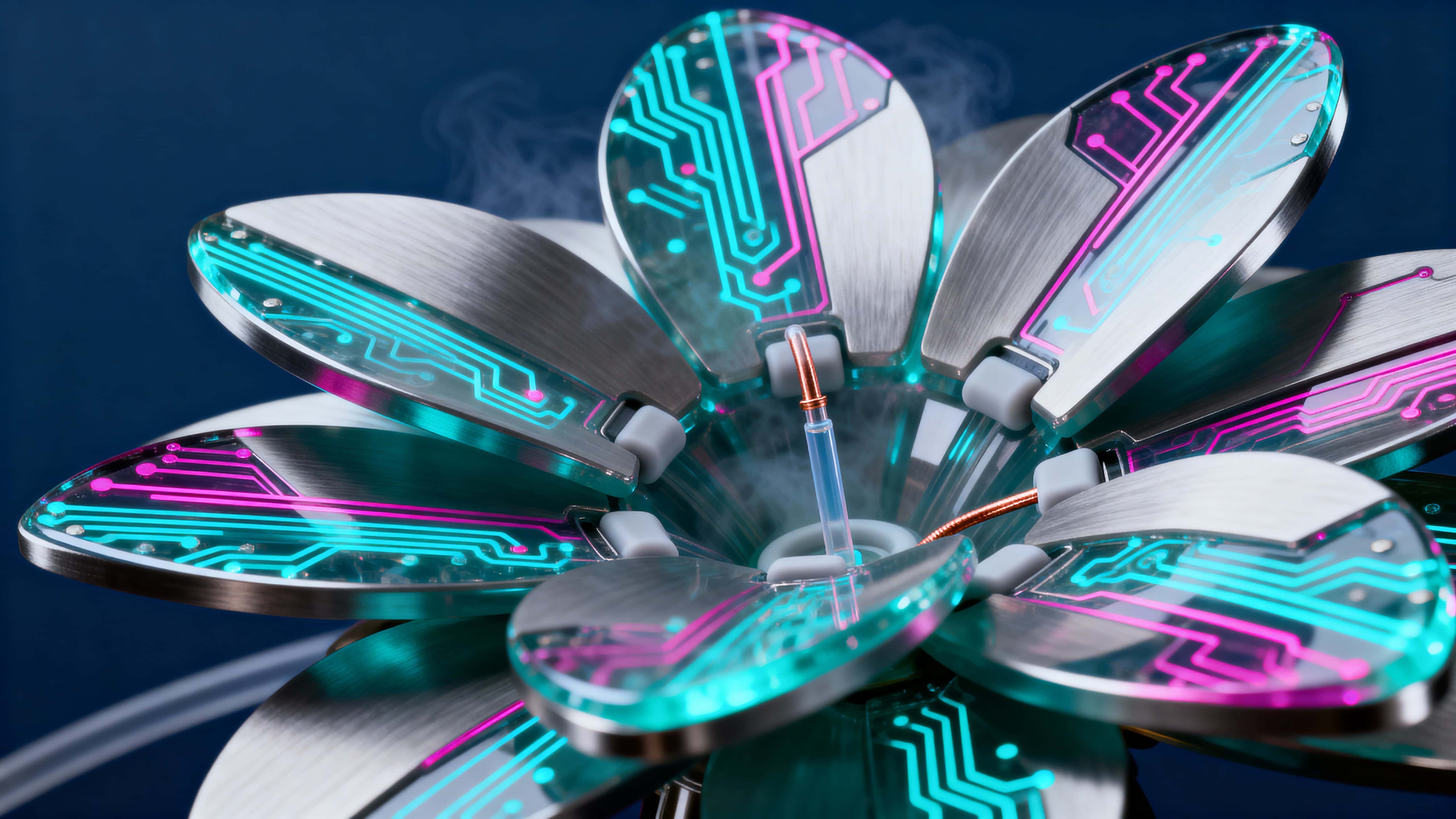 Biotech flower with articulated mechanical petals and neon veins pulsing softly in a dark studio, framed in 16:9 to emphasize lateral spread and sculptural silhouette.