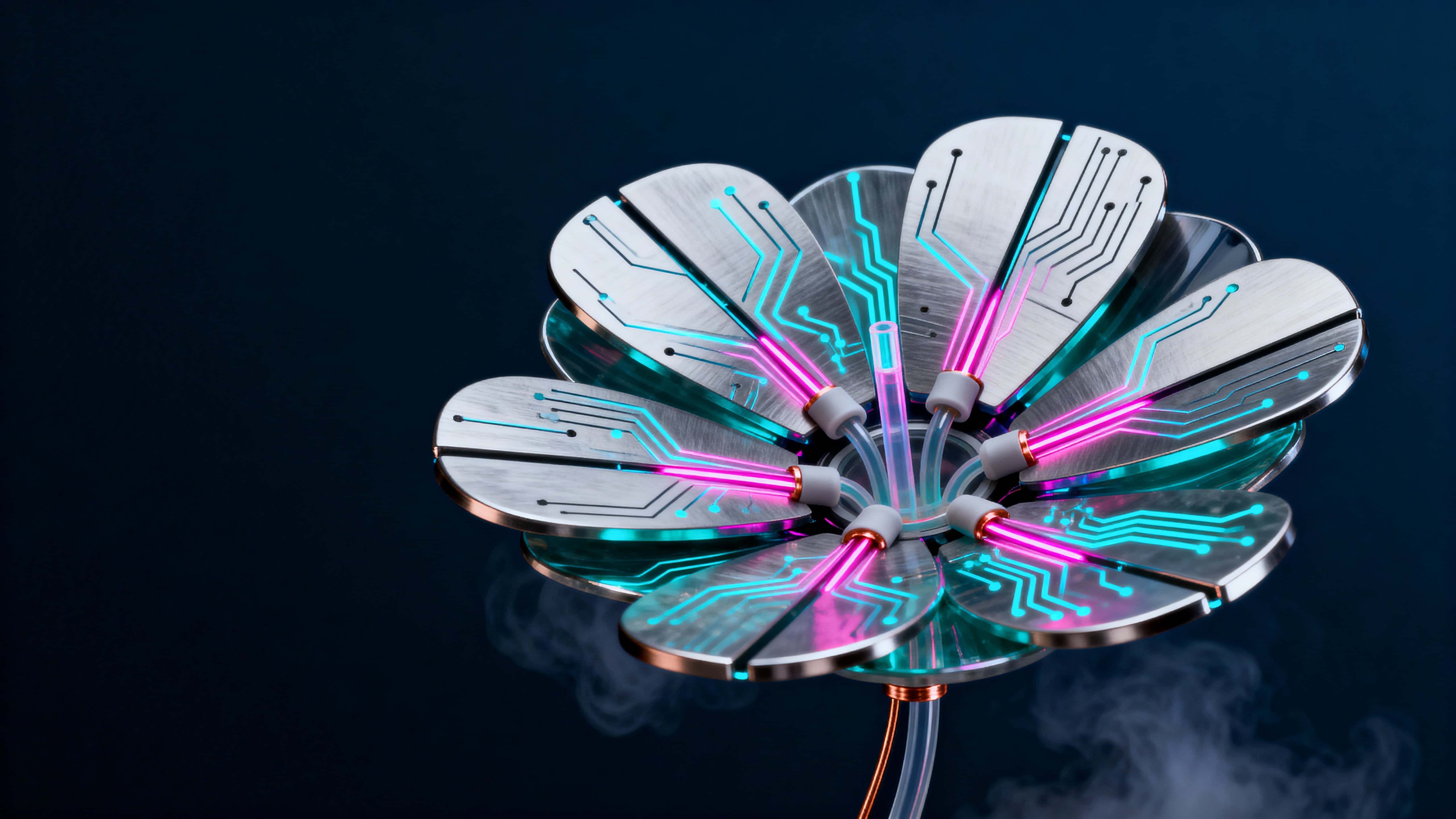 Biotech flower with articulated mechanical petals and neon veins pulsing softly in a dark studio, framed in 16:9 to emphasize lateral spread and sculptural silhouette.