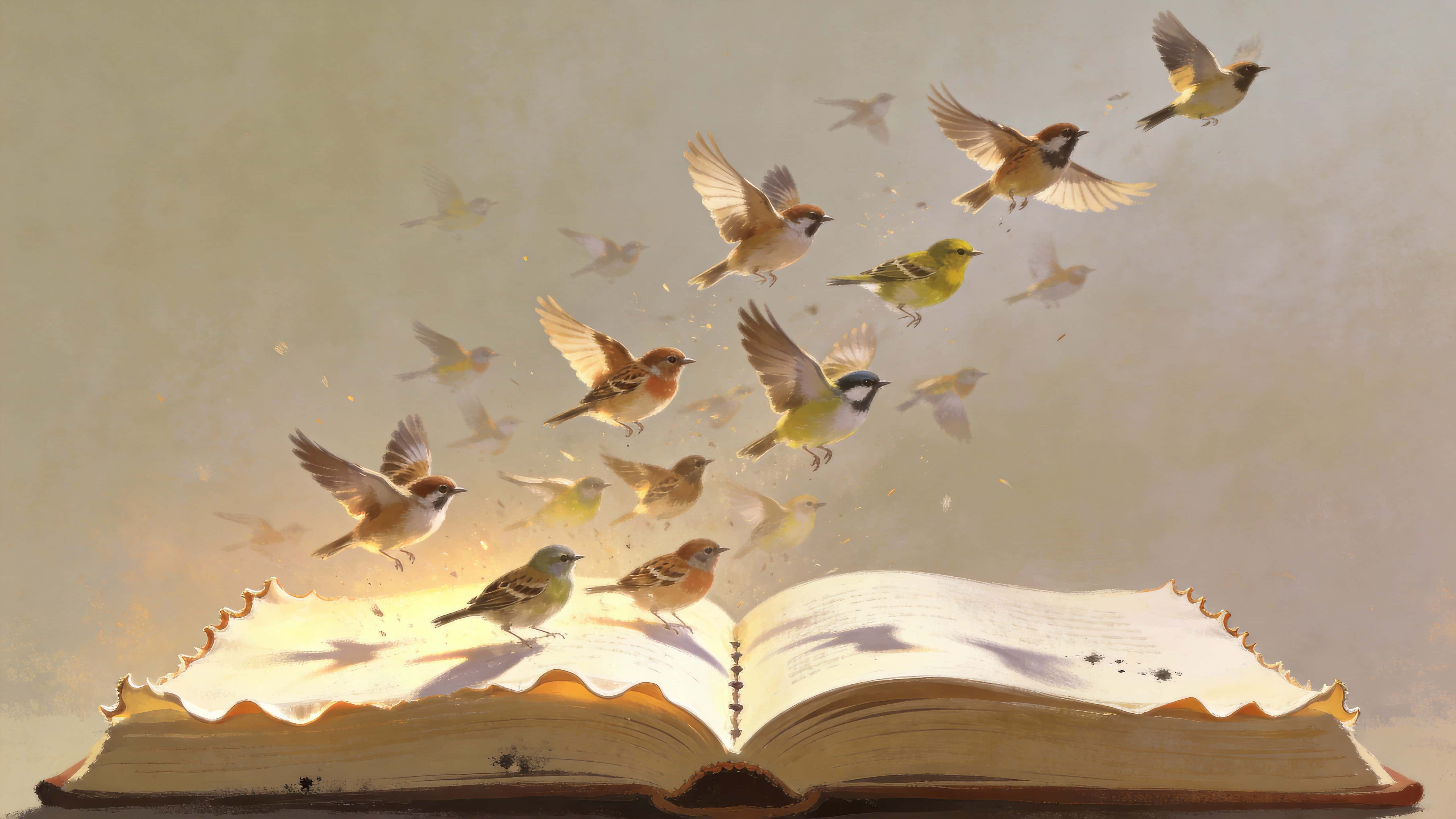 Surreal digital painting of dozens of small songbirds bursting from an open book, rendered in a painterly, cinematic 16:9 composition suitable for wallpaper or poster cover.