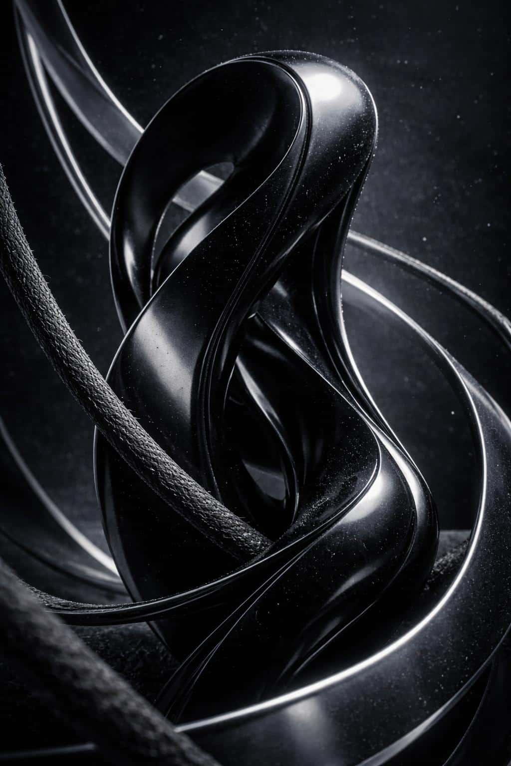 Close-up vertical 3D-render study of a black abstract sculpture with glossy and textured surfaces, composed for a 2:3 portrait wallpaper or poster use.