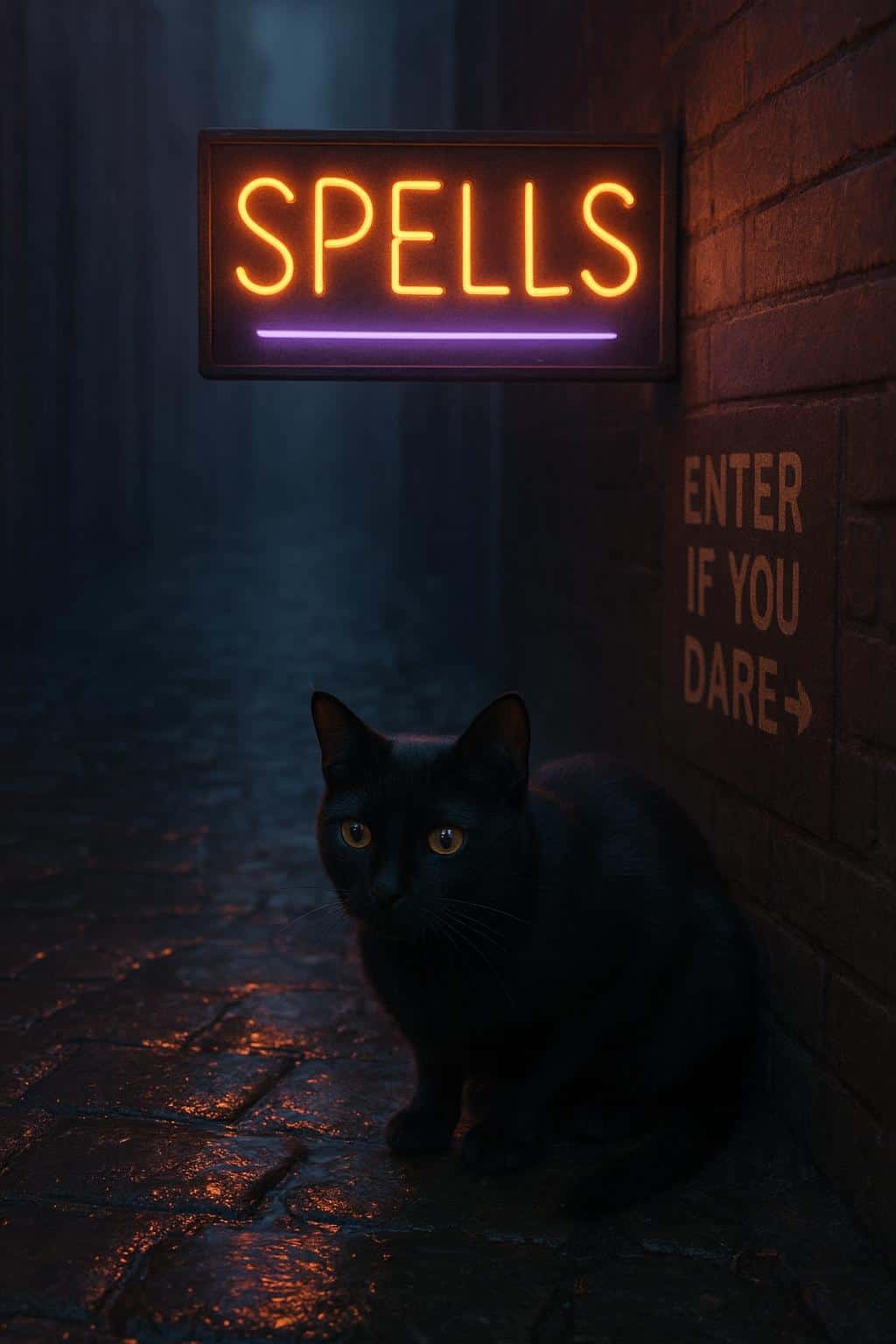 Street-smart black cat pauses under a flickering neon sign that reads "SPELLS" in a narrow rainy alley, orange and violet reflections, subtle rune glints in the eyes.
