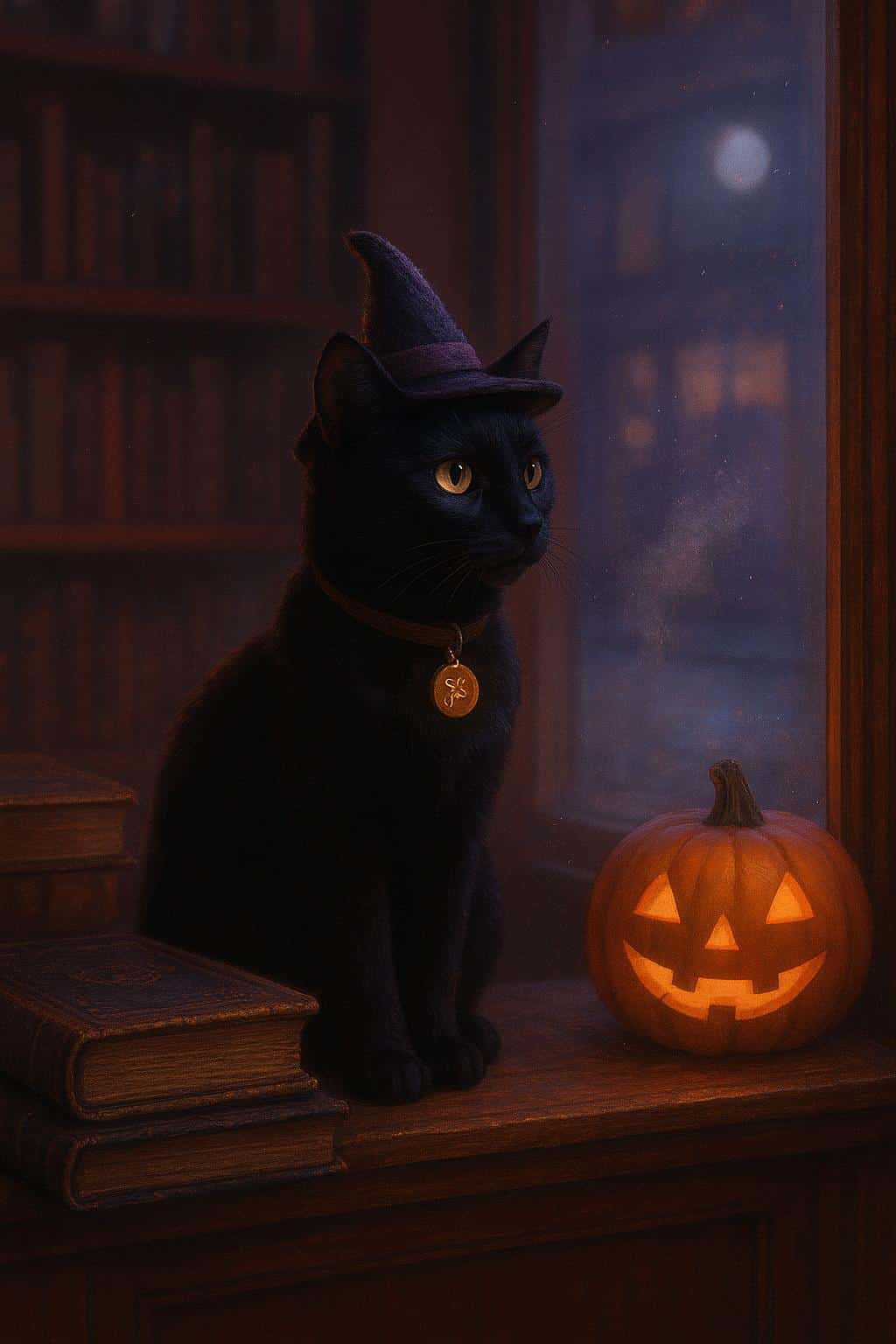 A sleek black cat perches on a cozy spell bookshop windowsill at night, magenta-gold neon wash, moonlit cool glow, jack-o’-lanterns, fogged glass patch, quiet Halloween mood.