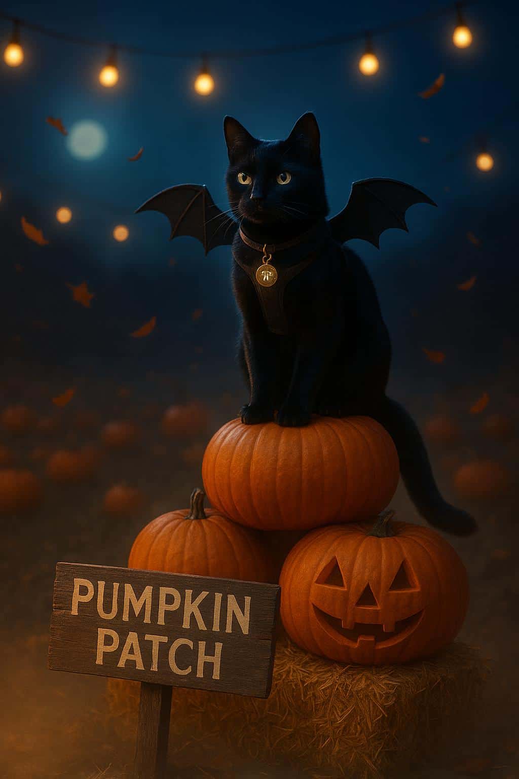 A regal black cat sits atop a pyramid of pumpkins and hay bales in a night pumpkin patch under string lights, wearing a miniature bat-wing harness and a bell tag glowing with faint runes, with a wooden sign reading "PUMPKIN PATCH" and leaf‑