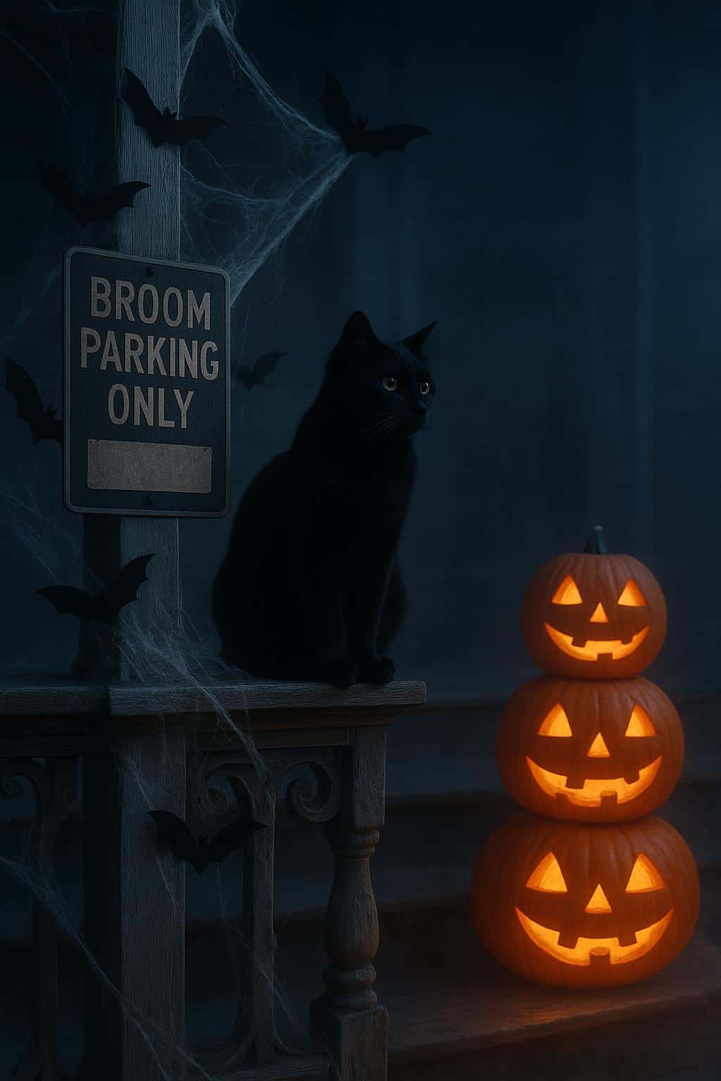 A black cat perches on a carved Victorian porch railing among paper bats, gauzy webs, stacked glowing jack-o'-lanterns and a sign reading "BROOM PARKING ONLY," in neighborly Halloween mood.