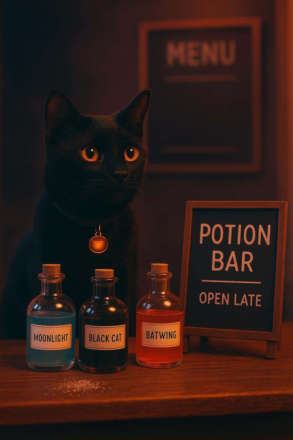 A black cat sits behind a sidewalk potion counter with pulsing collar tag and dry-ice vapor, labeled bottles in rows, warm candy-colored light and crisp cool outline glow.