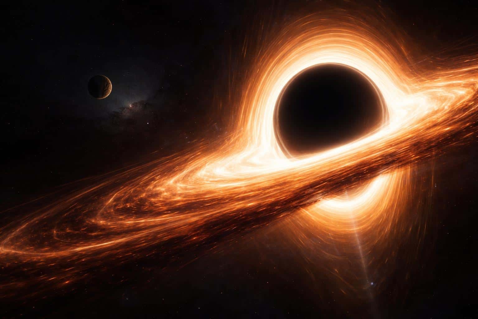 A massive black hole bends light into a brilliant accretion disk against the deep void of space, creating a scientifically accurate 3D render wallpaper.