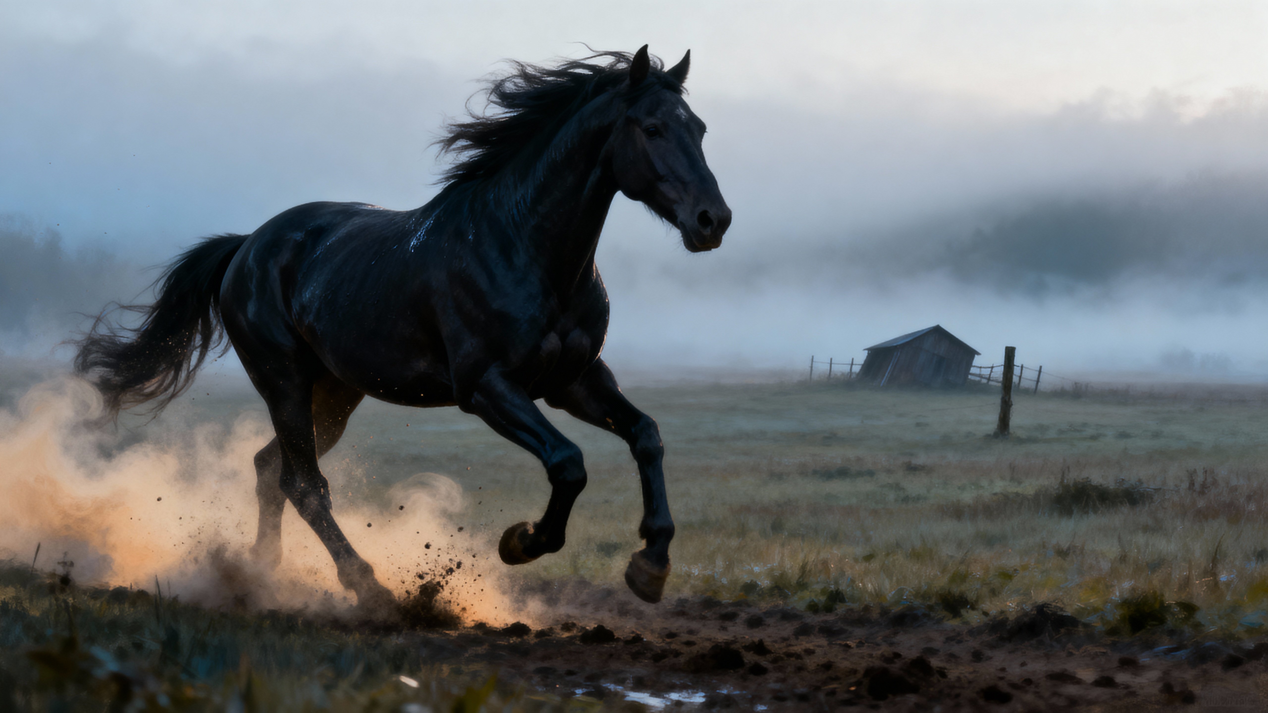 A black horse gallops across a wide foggy morning field as dust and mist swirl around its legs, the scene feeling moody, kinetic, and quietly dramatic with cool grays and warm earth tones.
