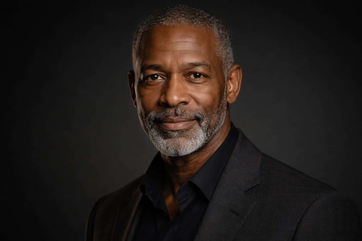 Cinematic 3:2 editorial studio headshot of a smiling Black man in his early 60s with close-cropped salt-and-pepper hair and beard, collarbone-to-head crop and seamless near-black backdrop.