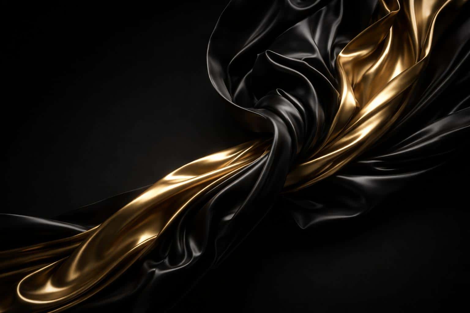 A 3:2 horizontal 3D cloth simulation of black satin and metallic gold twisting in a dark void, with low-key edge highlights and wide shadowed negative space for light text.