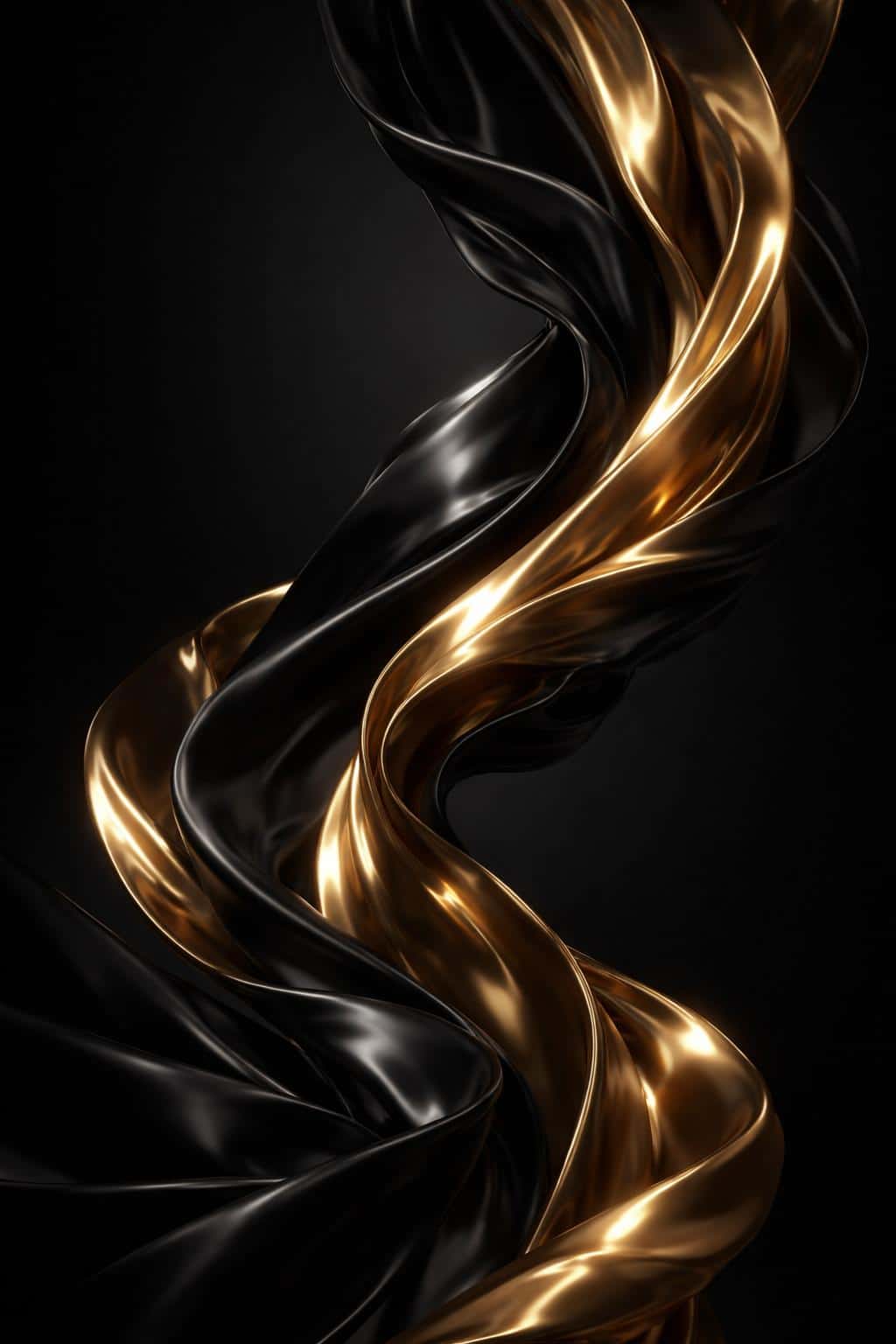 Vertical 2:3 render of black satin and metallic gold fabrics intertwining and flowing upward in a dark void, with sharp golden highlights and a large shadow area for text.