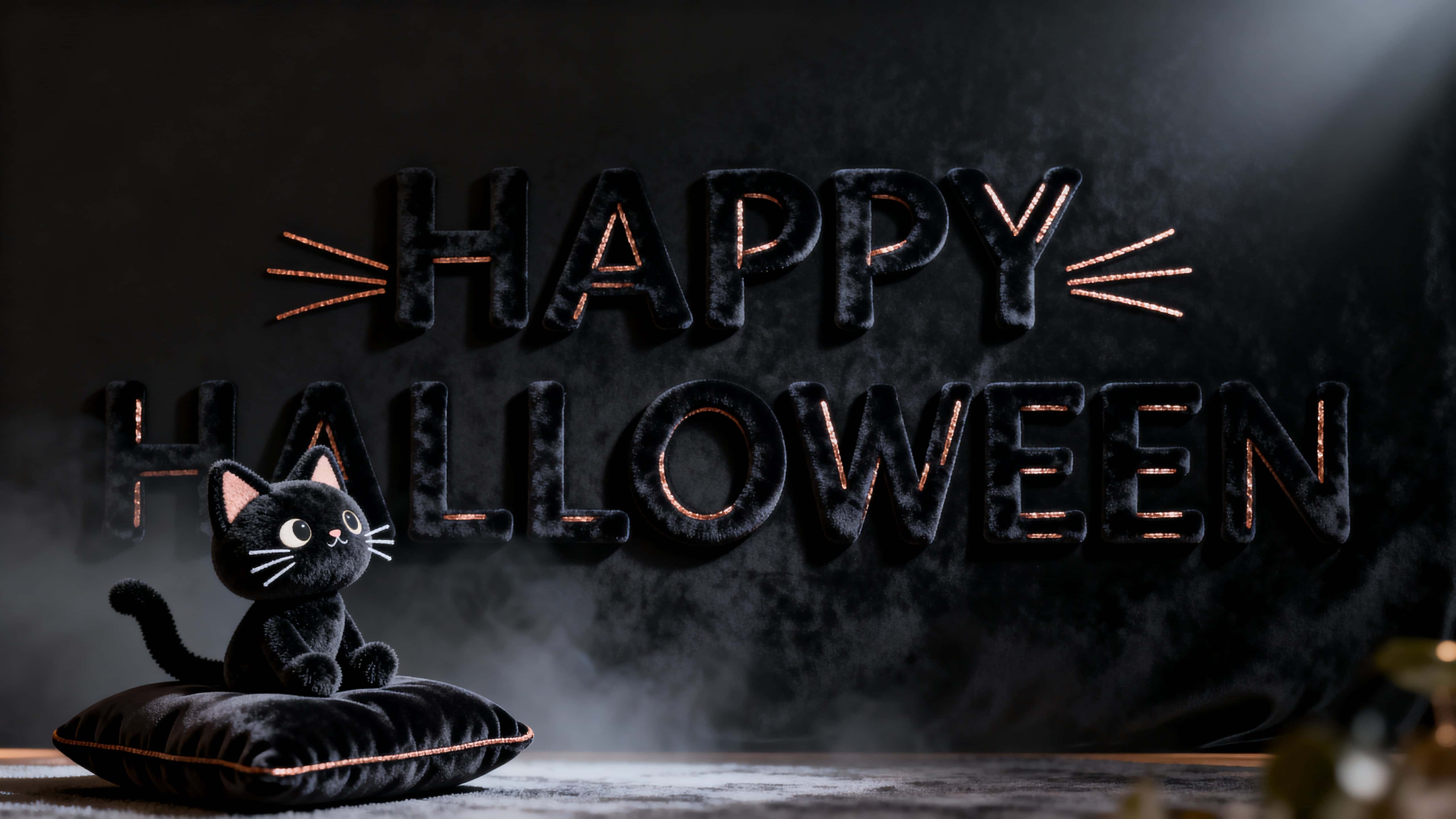 Photo‑real 3D full‑frame of “HAPPY HALLOWEEN” flocked in deep black velvet with thin copper inlays tracing select strokes, a velvet-and-chenille black cat on a burgundy cushion front-left, warm-cream haze, gentle specular pins, low vignette