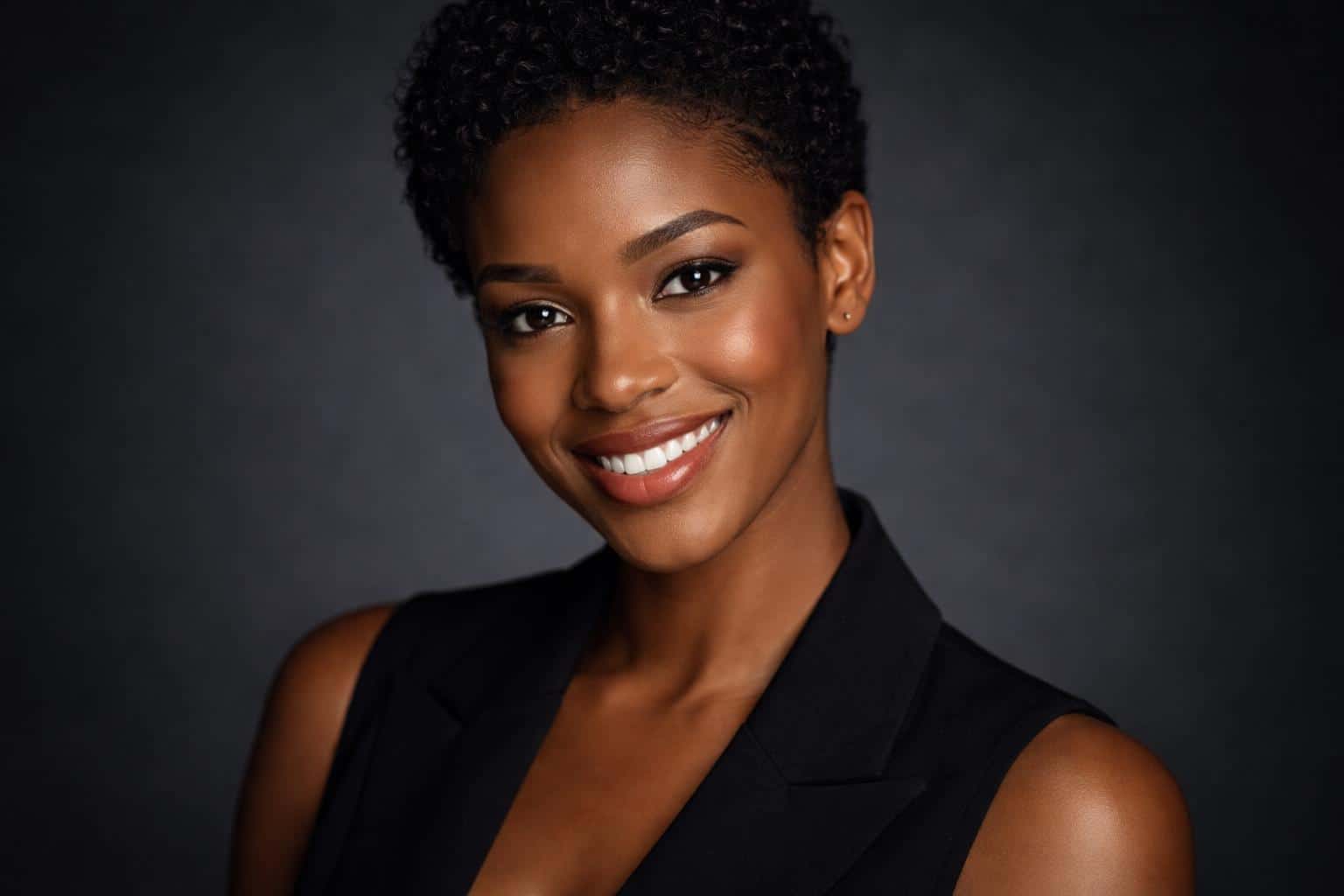 Wide 3:2 cinematic editorial studio headshot of a smiling Black woman in her early 30s with short natural curls, tight chest-to-above-head crop, seamless deep charcoal backdrop, soft wrap key light, subtle rim separation and film grain.