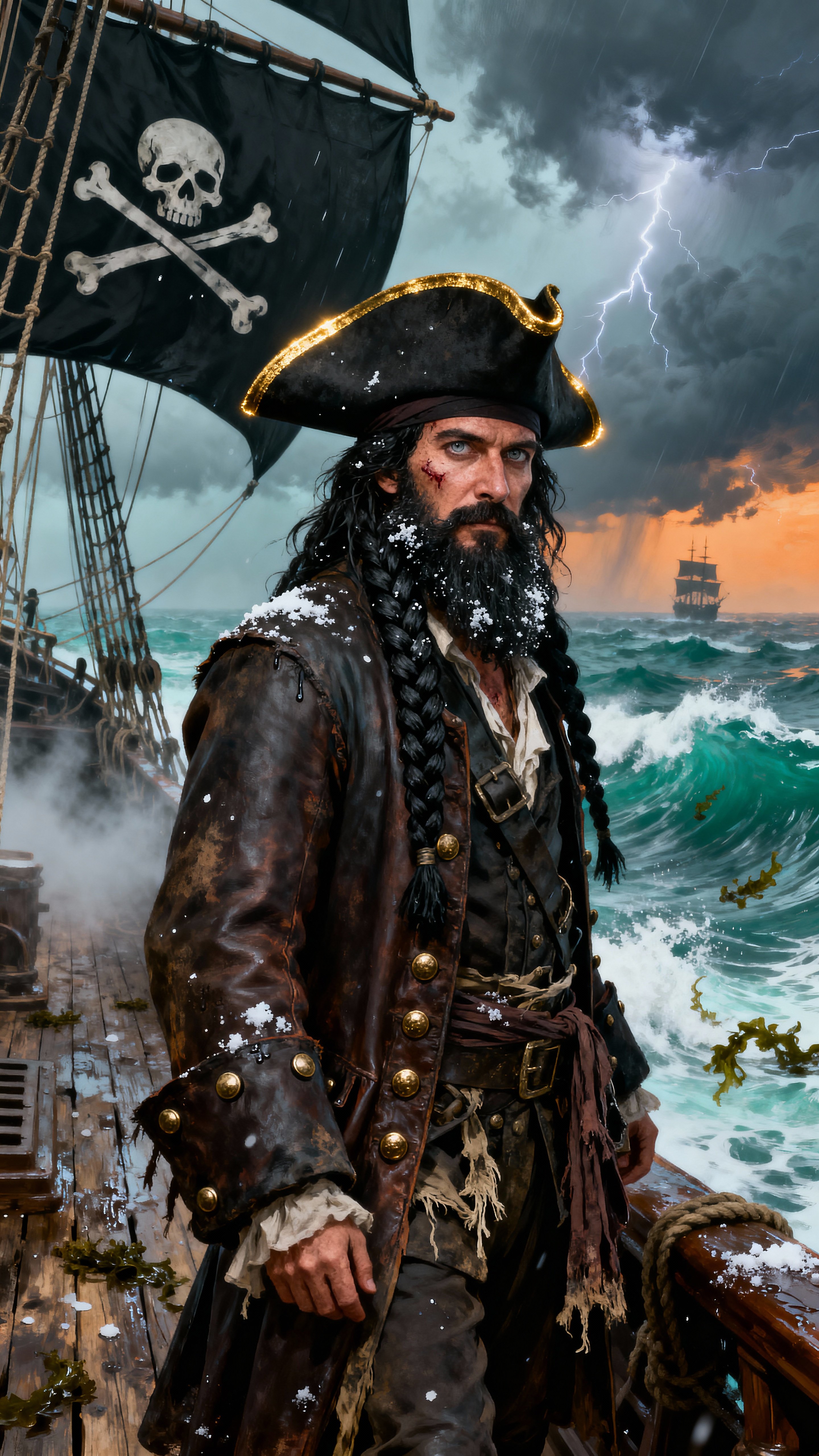 A hyper-realistic image of the famous pirate Blackbeard aboard his ship at sea, with dramatic lighting and cinematic atmosphere. He stands on deck near the helm, commanding presence, detailed facial features with his notorious braided beard