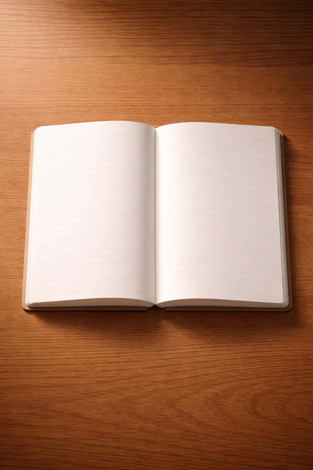 Open blank notebook photographed in a 2:3 portrait still-life on a wooden desk with warm directional light, shallow depth and clean negative space for layout use.