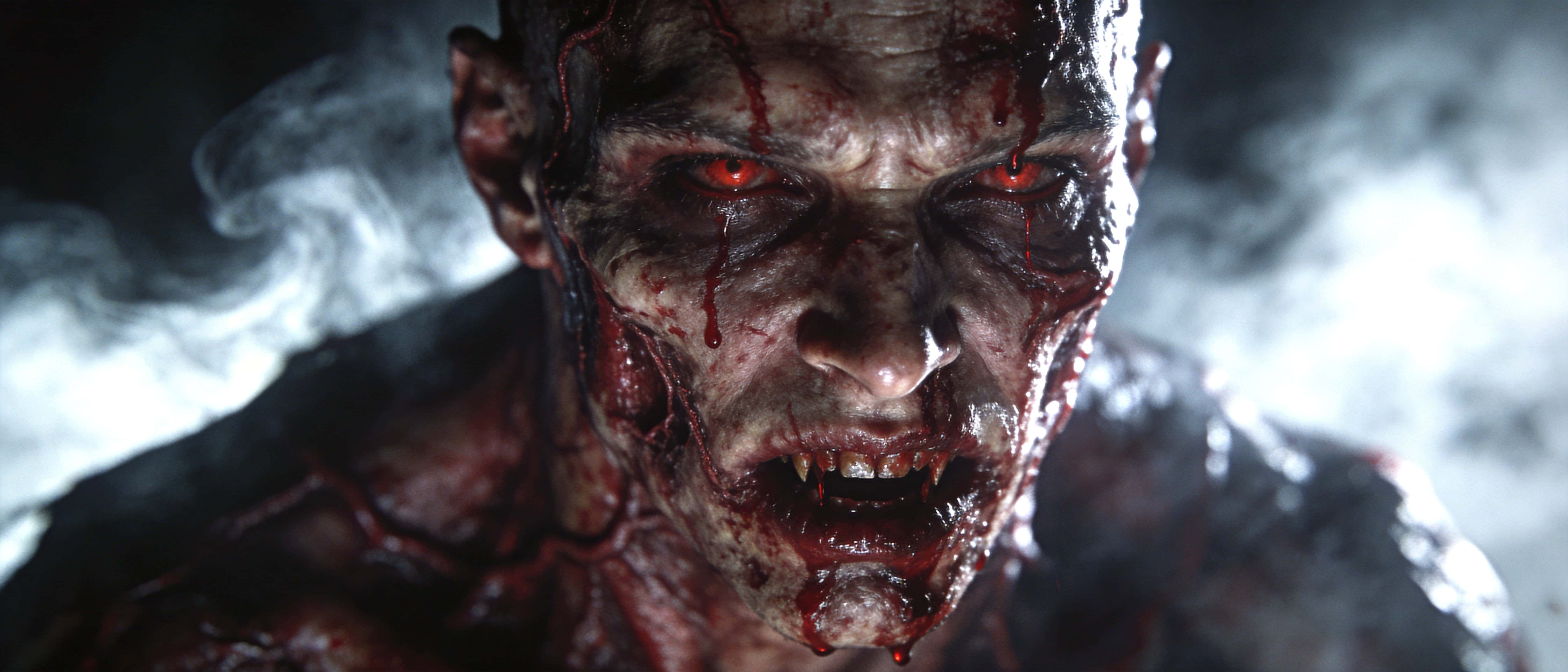 A grotesque, blood-smeared humanoid monster fills a 21:9 widescreen frame with realistic skin texture, high-contrast cinematic lighting and a dark, foggy background for an unsettling atmosphere.