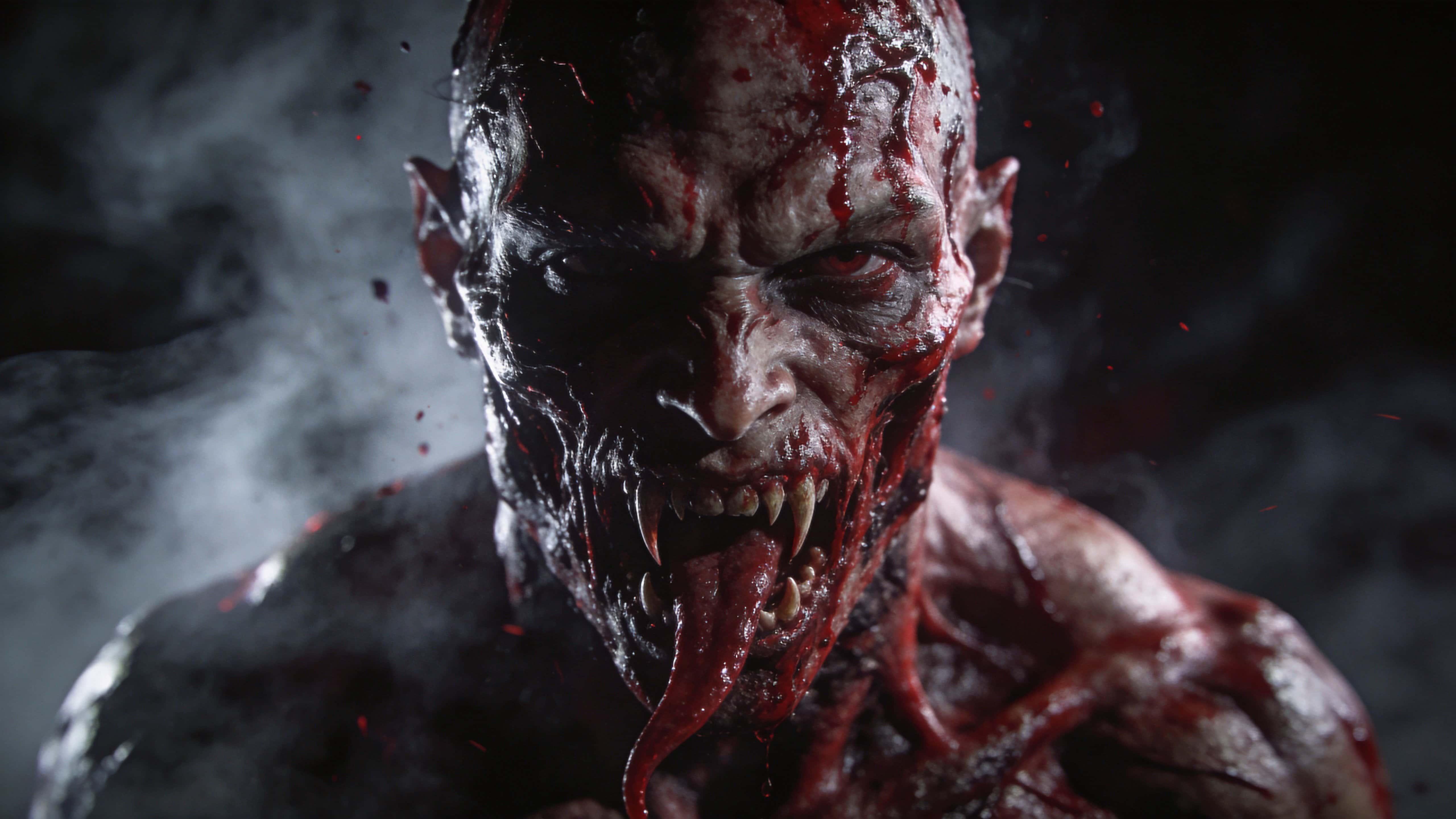 A close-up, realistic portrait of a grotesque blood-faced monster emerging from dark fog with high-contrast textures and a cinematic, horror atmosphere.