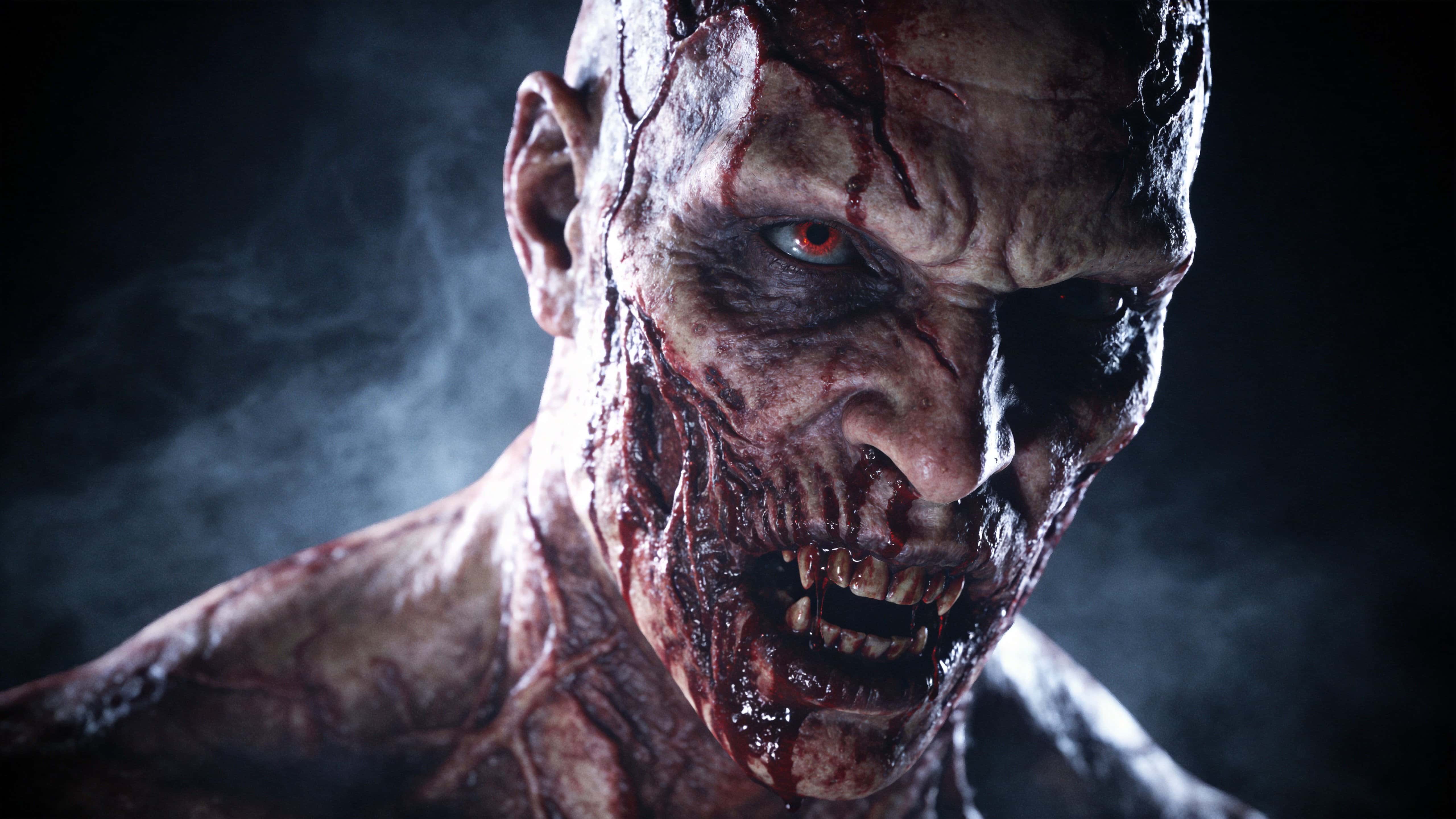 Close-up widescreen portrait of a blood-smeared monstrous face with grotesque skin texture, high-contrast horror lighting and a dark foggy background in a cinematic atmosphere.