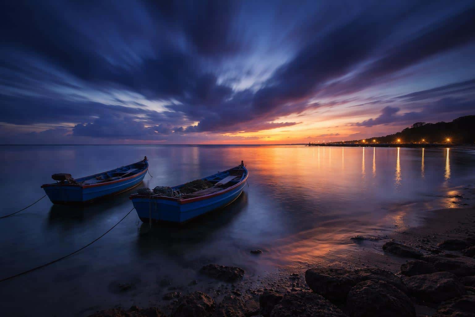 Dramatic long-exposure landscape photography featuring two traditional blue boats resting on a tranquil shore during the vibrant indigo twilight hour.