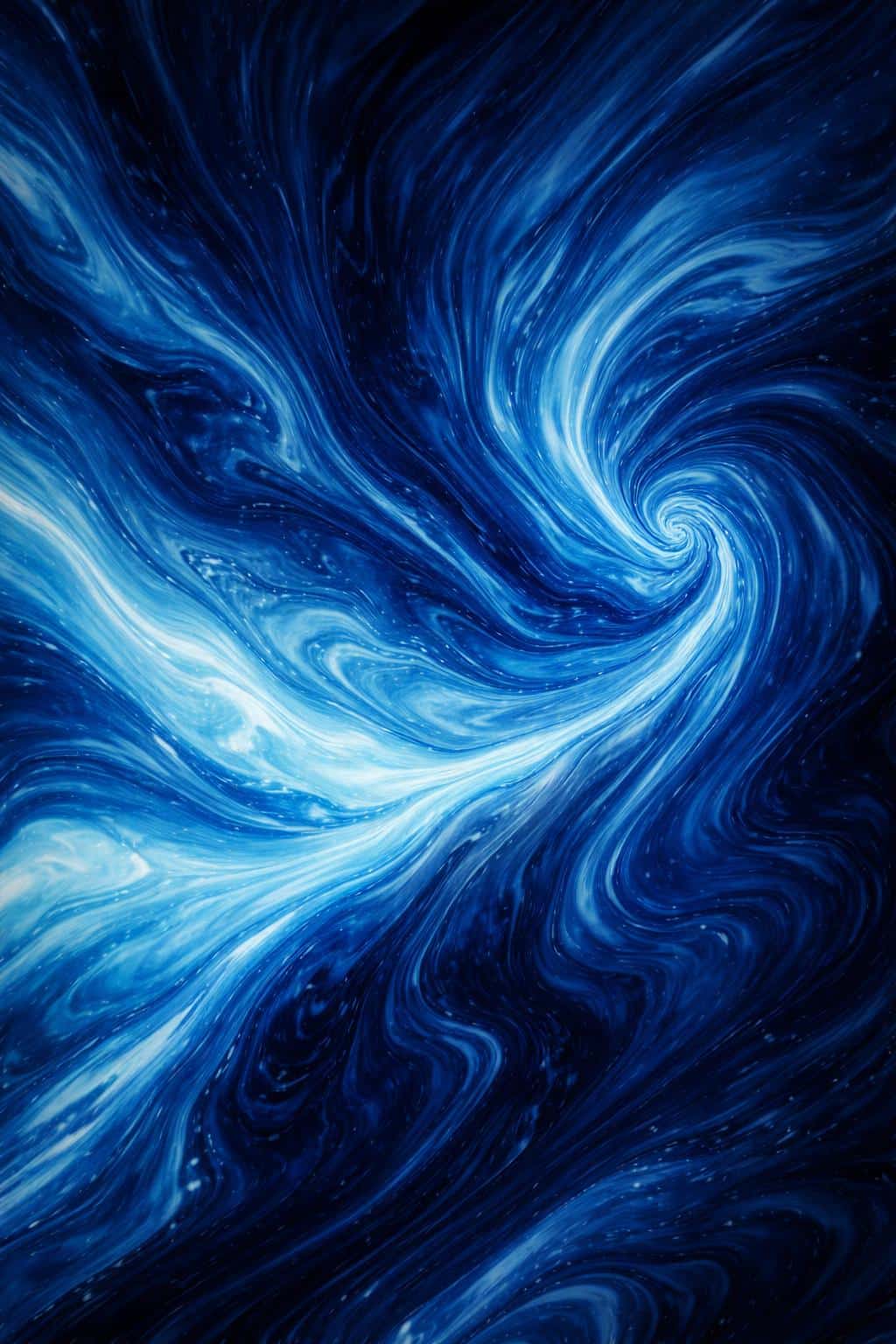 A full-bleed blue-marble fluid pattern fills a 2:3 frame with swirling currents from lower-left to upper-right, deep indigo shadows, bright cyan highlights, and white streak accents.